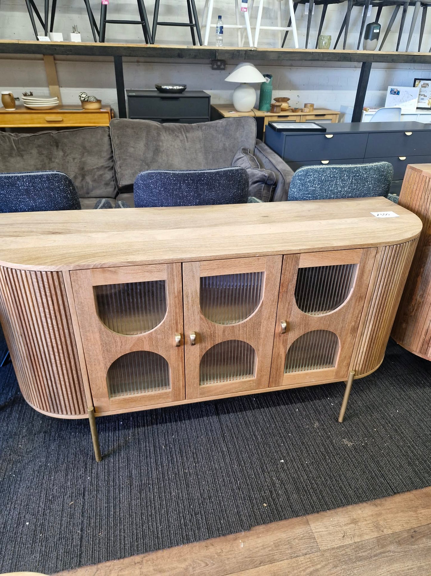 Solid Mango Wood Sideboard with 3 Glass Ribbed Doors