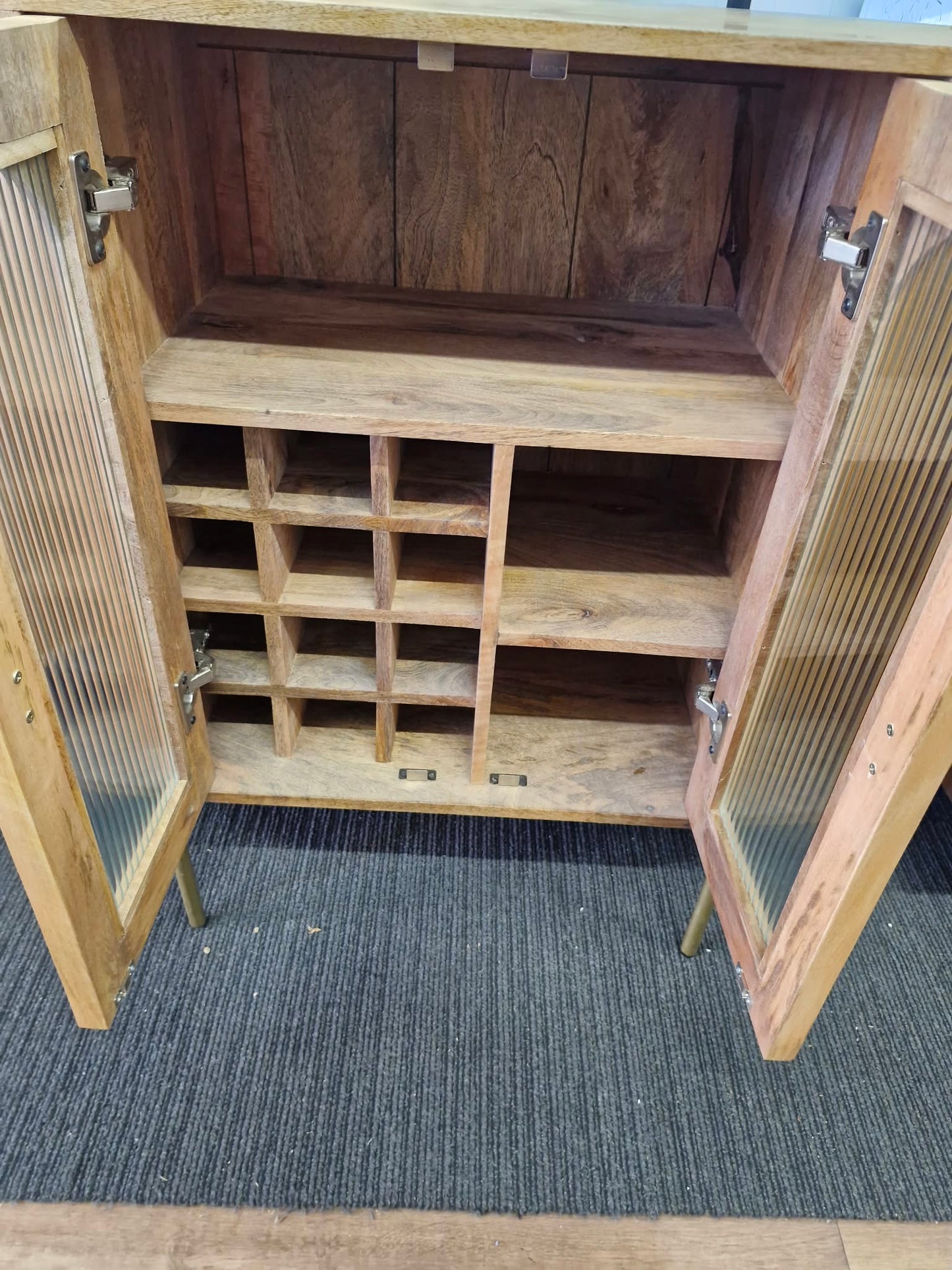 Solid Mango Wood Drink Cabinet with 2 Glass Ribbed Doors