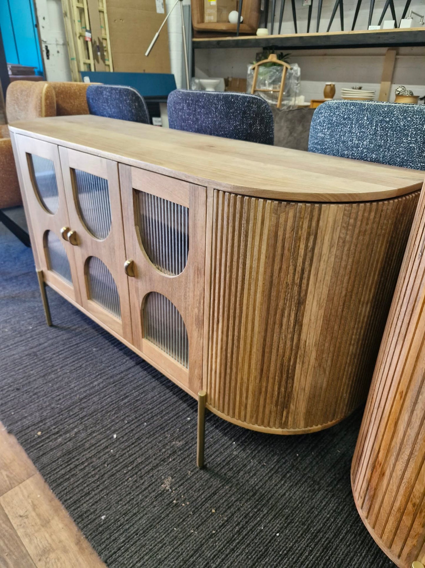 Solid Mango Wood Sideboard with 3 Glass Ribbed Doors