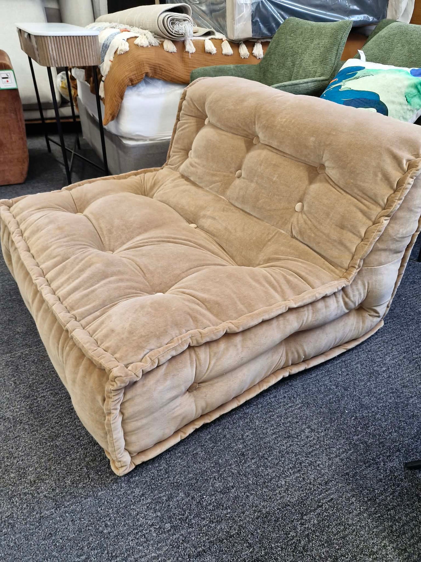 Wide Beige Velvet Two-Seater Floor Cushion / Armchair