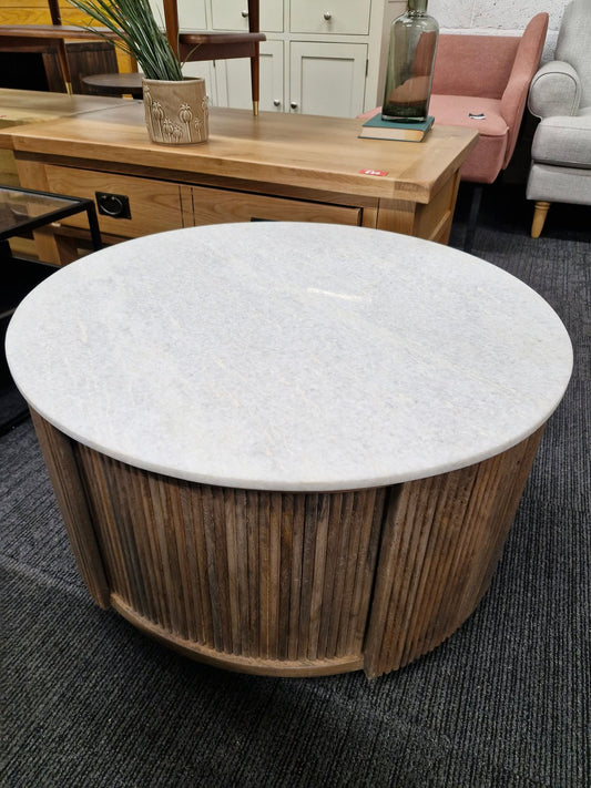 Round Solid Wood and White Marble Storage Coffee Table / Ribbed Base