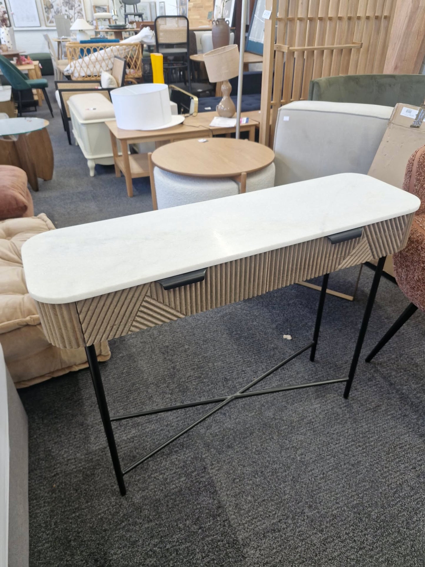 Solid Oak and White Marble Console Table with Drawers