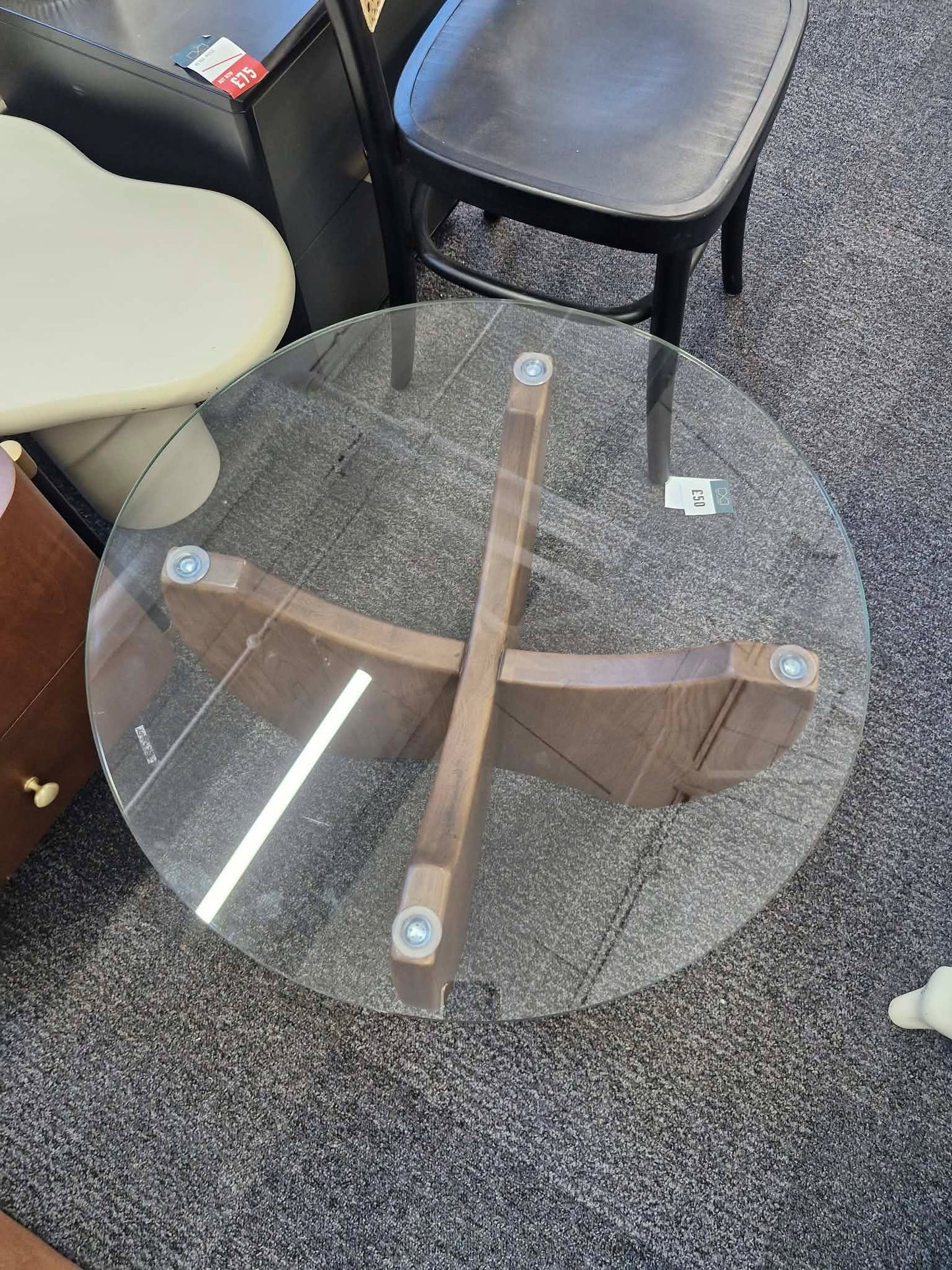 Round Side Table Solid Dark Oak wood and Glass Top
