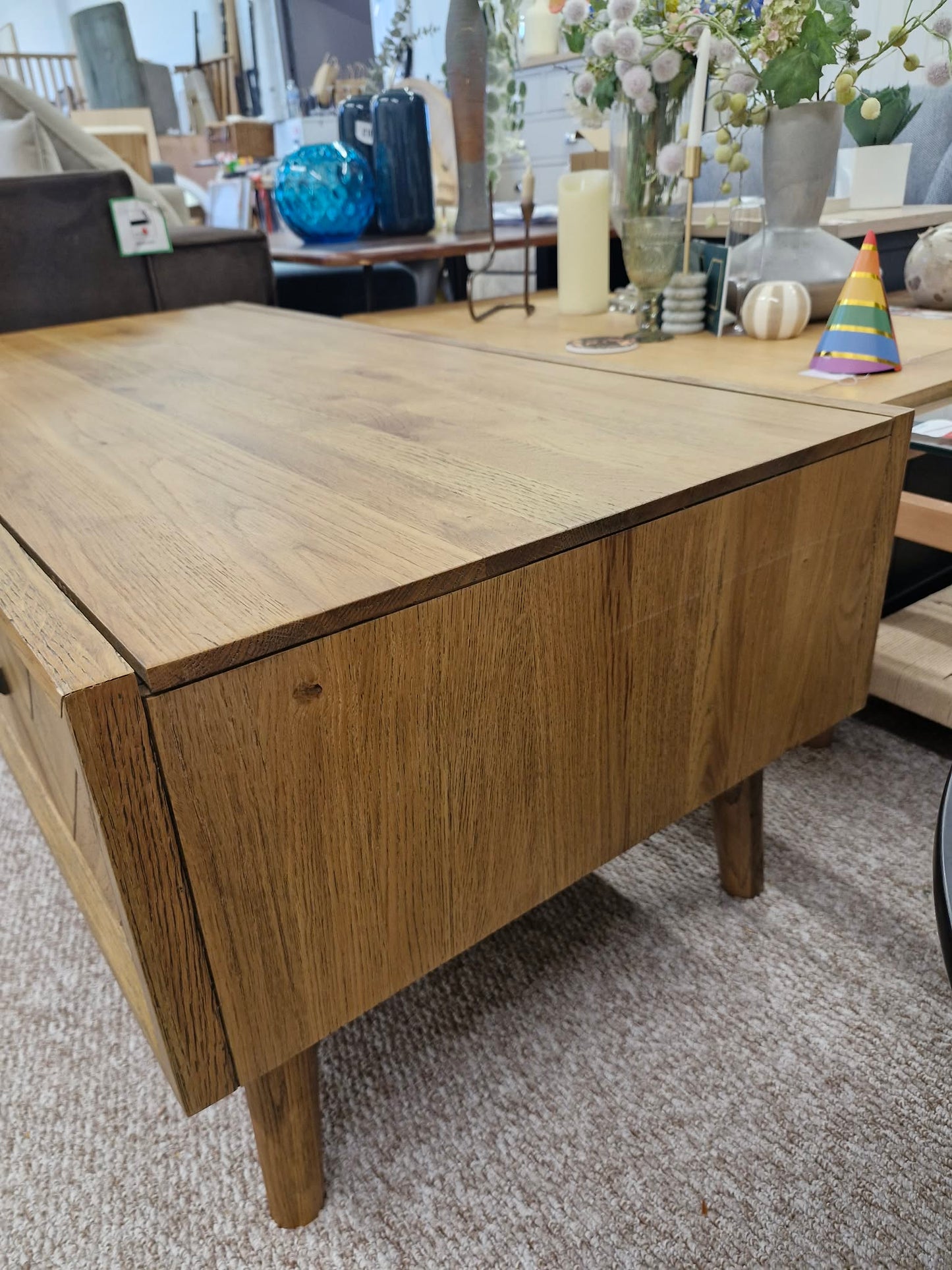 Solid Oak Coffee Table with Drawers and Shelf / Parquet Front
