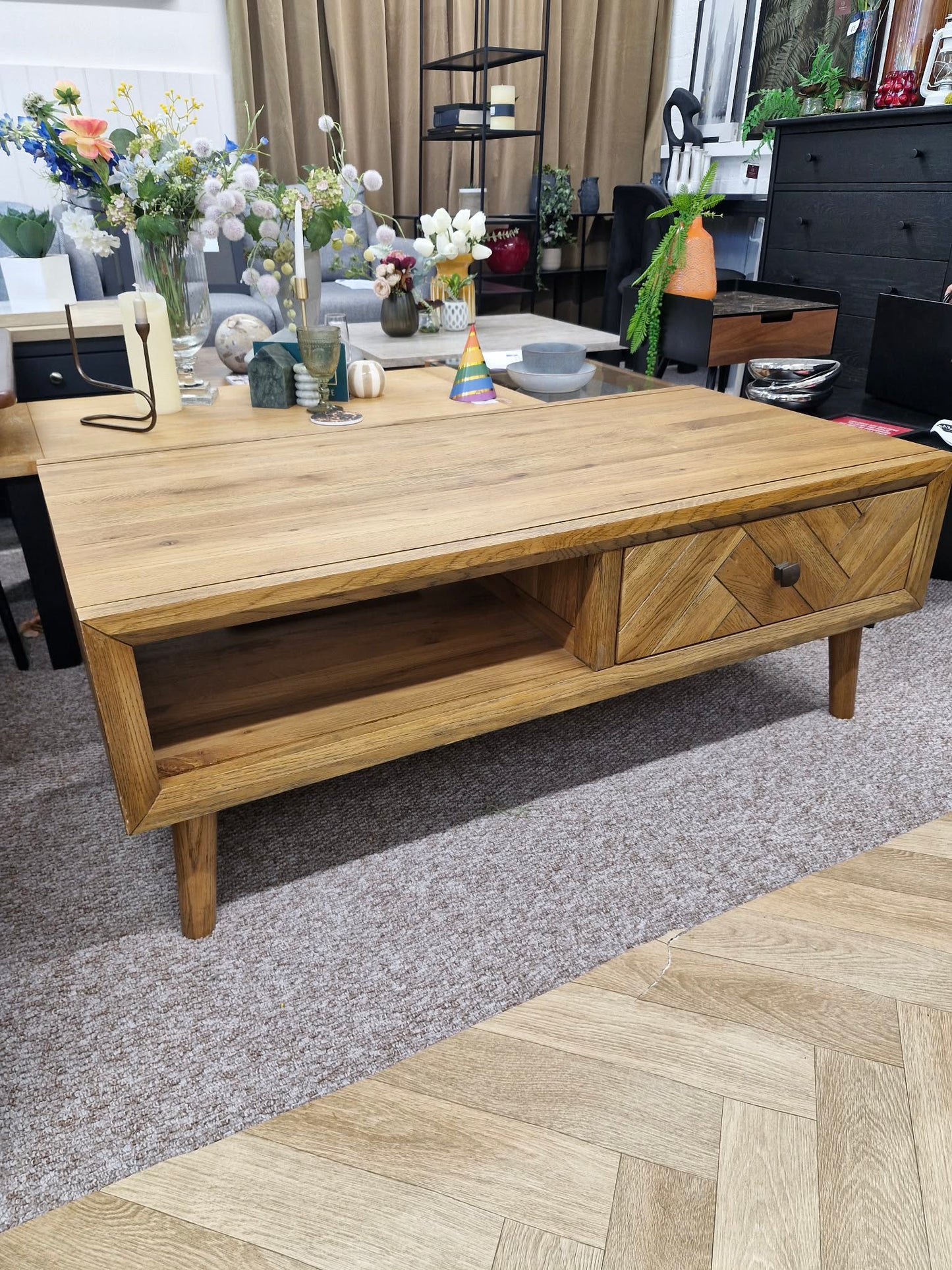 Solid Oak Coffee Table with Drawers and Shelf / Parquet Front
