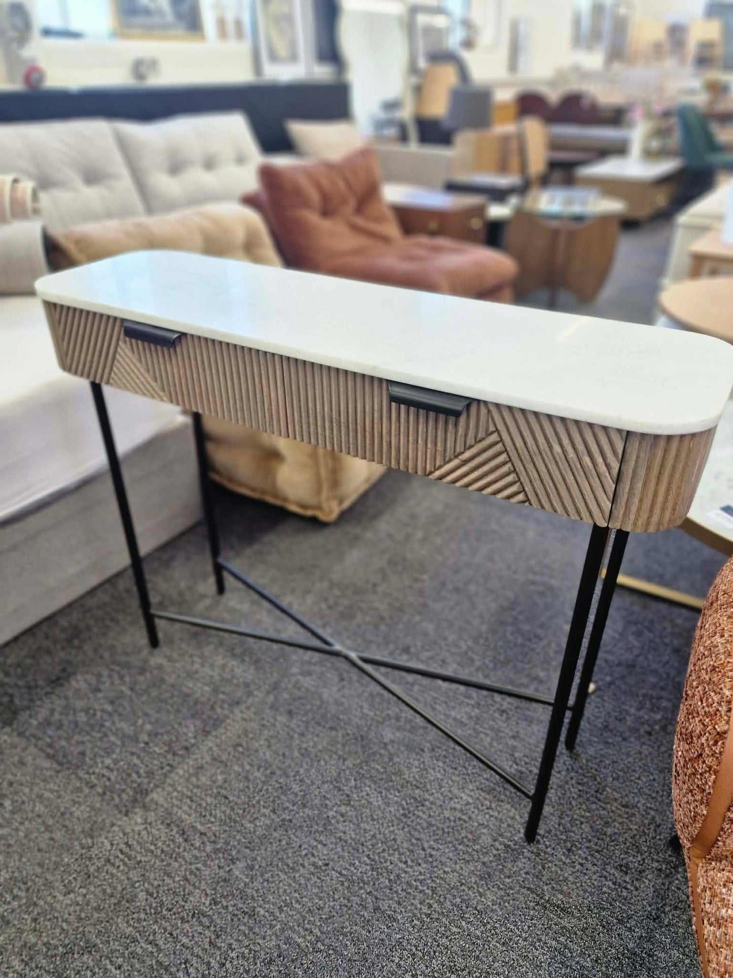 Solid Oak and White Marble Console Table with Drawers