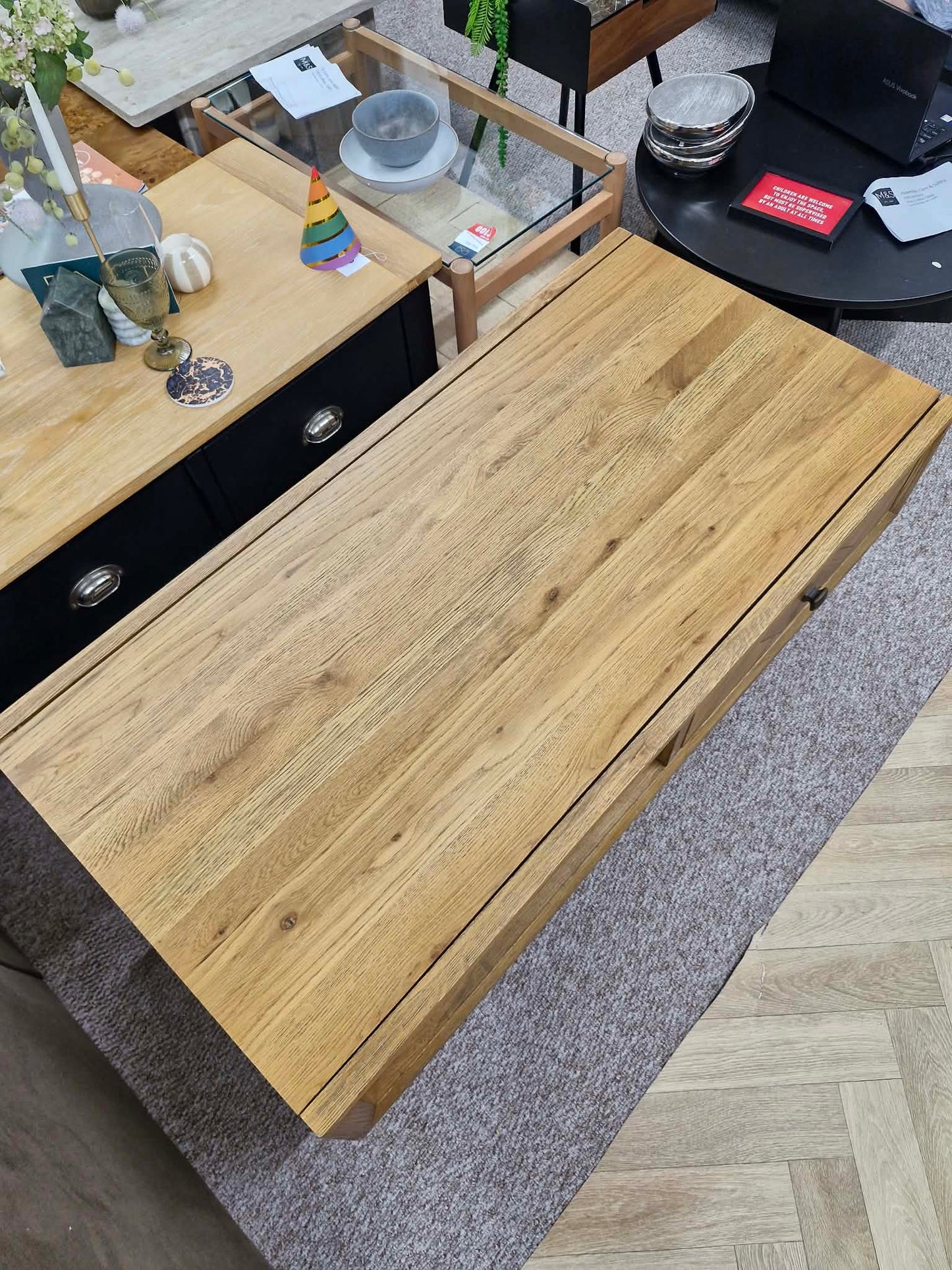 Solid Oak Coffee Table with Drawers and Shelf / Parquet Front