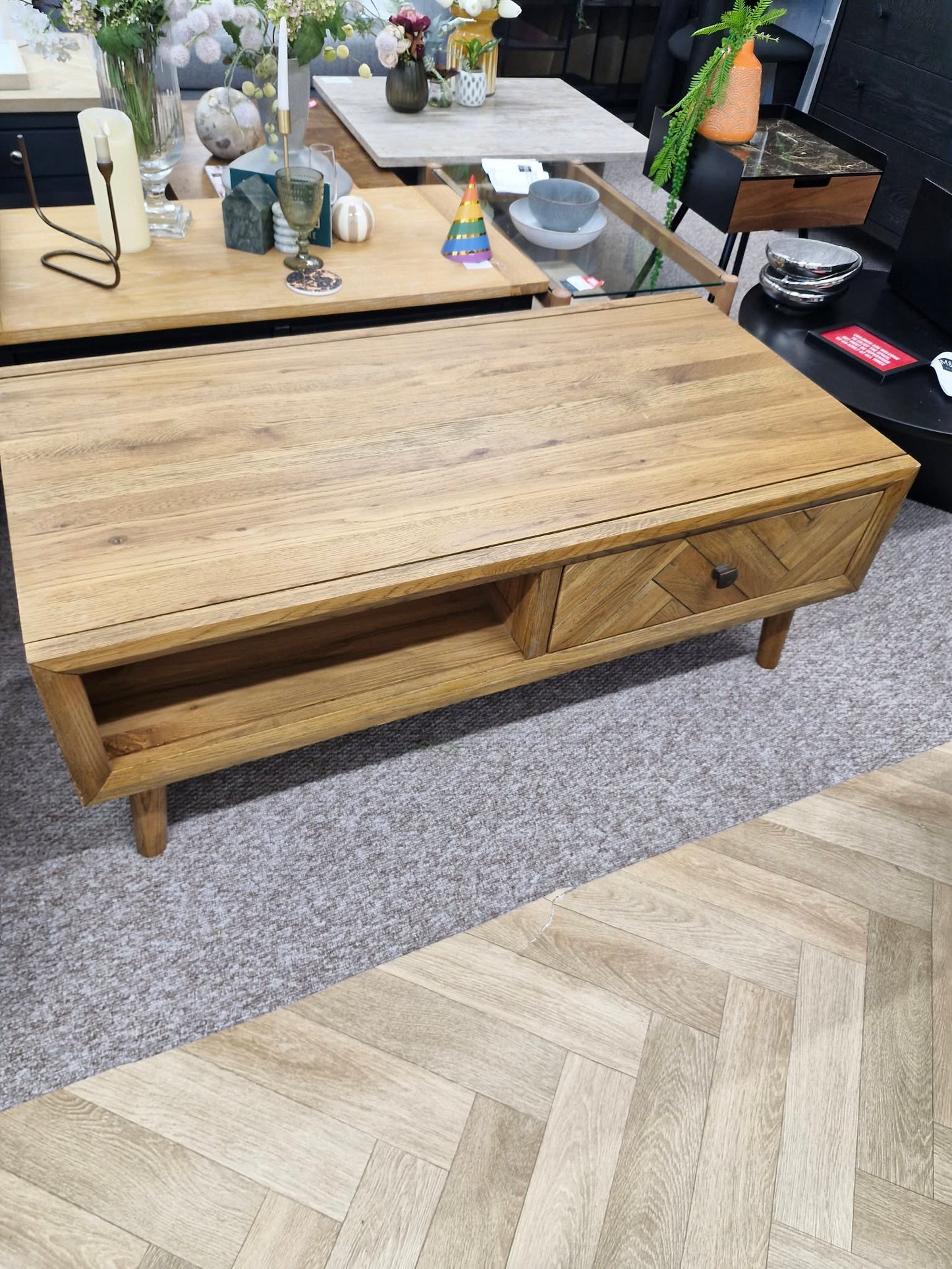 Solid Oak Coffee Table with Drawers and Shelf / Parquet Front
