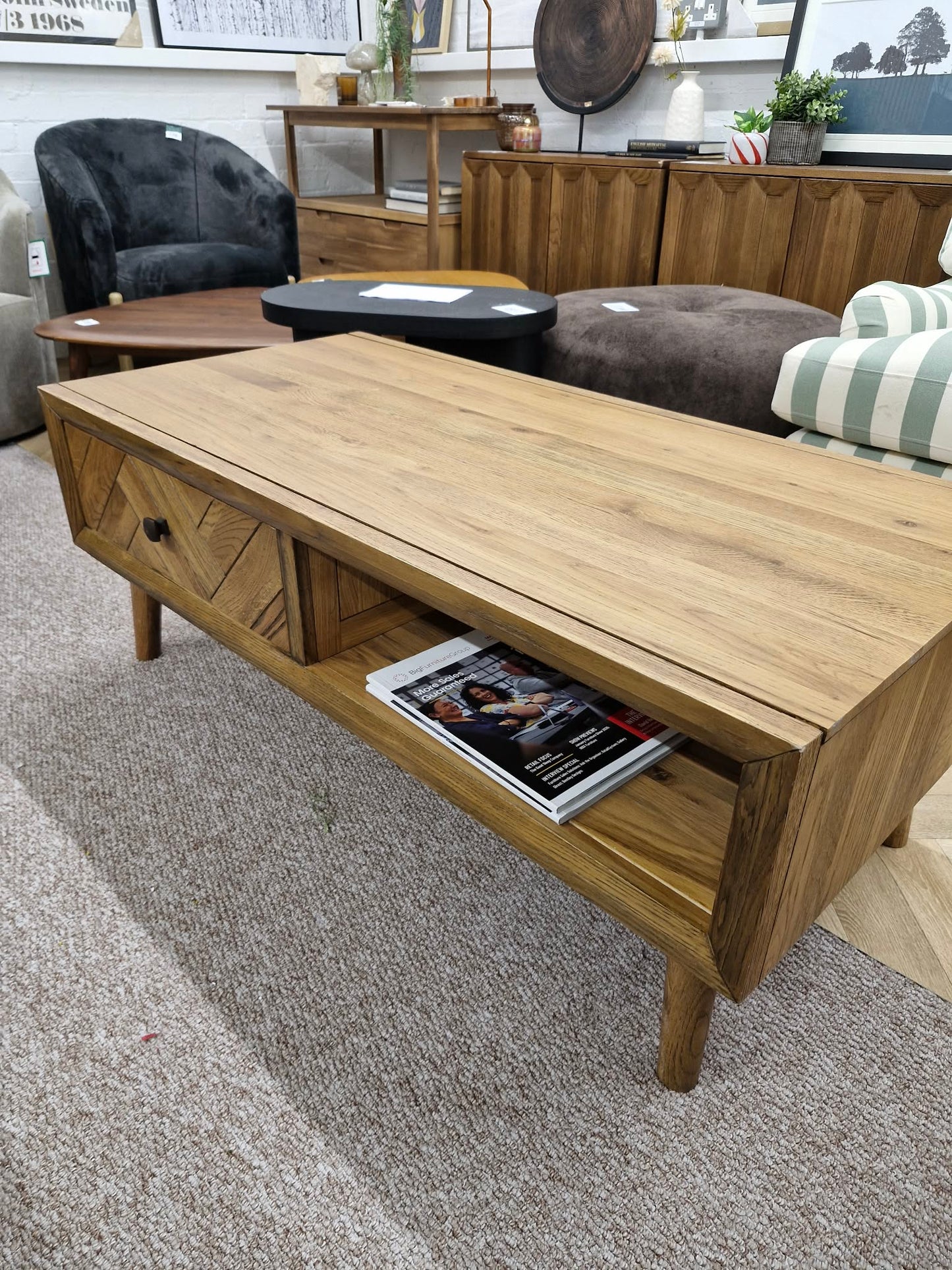 Solid Oak Coffee Table with Drawers and Shelf / Parquet Front