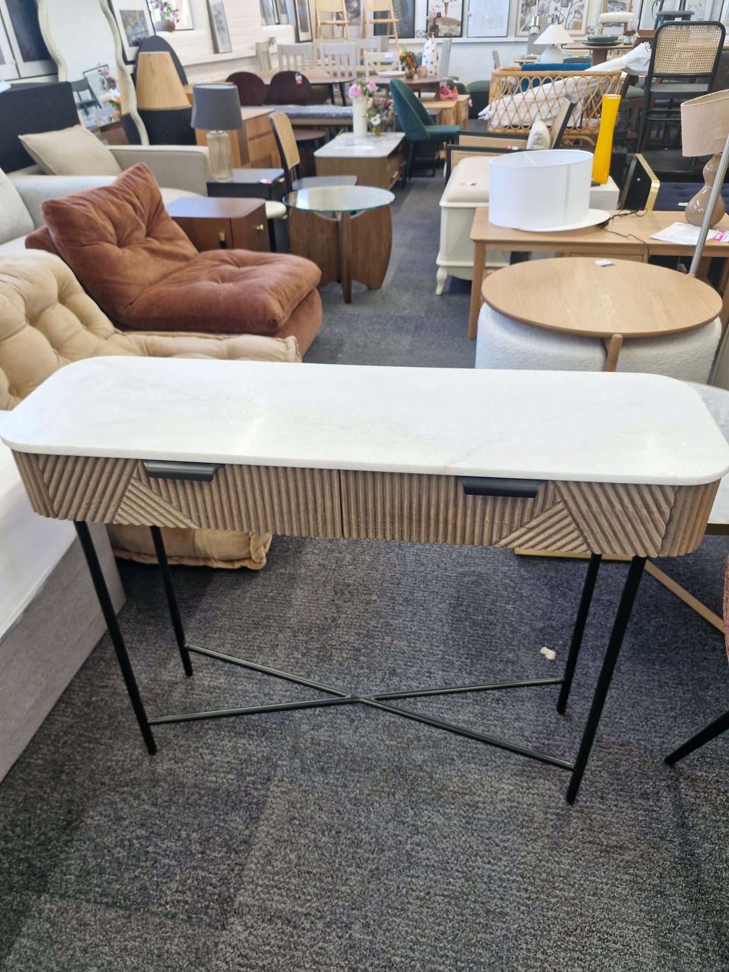Solid Oak and White Marble Console Table with Drawers