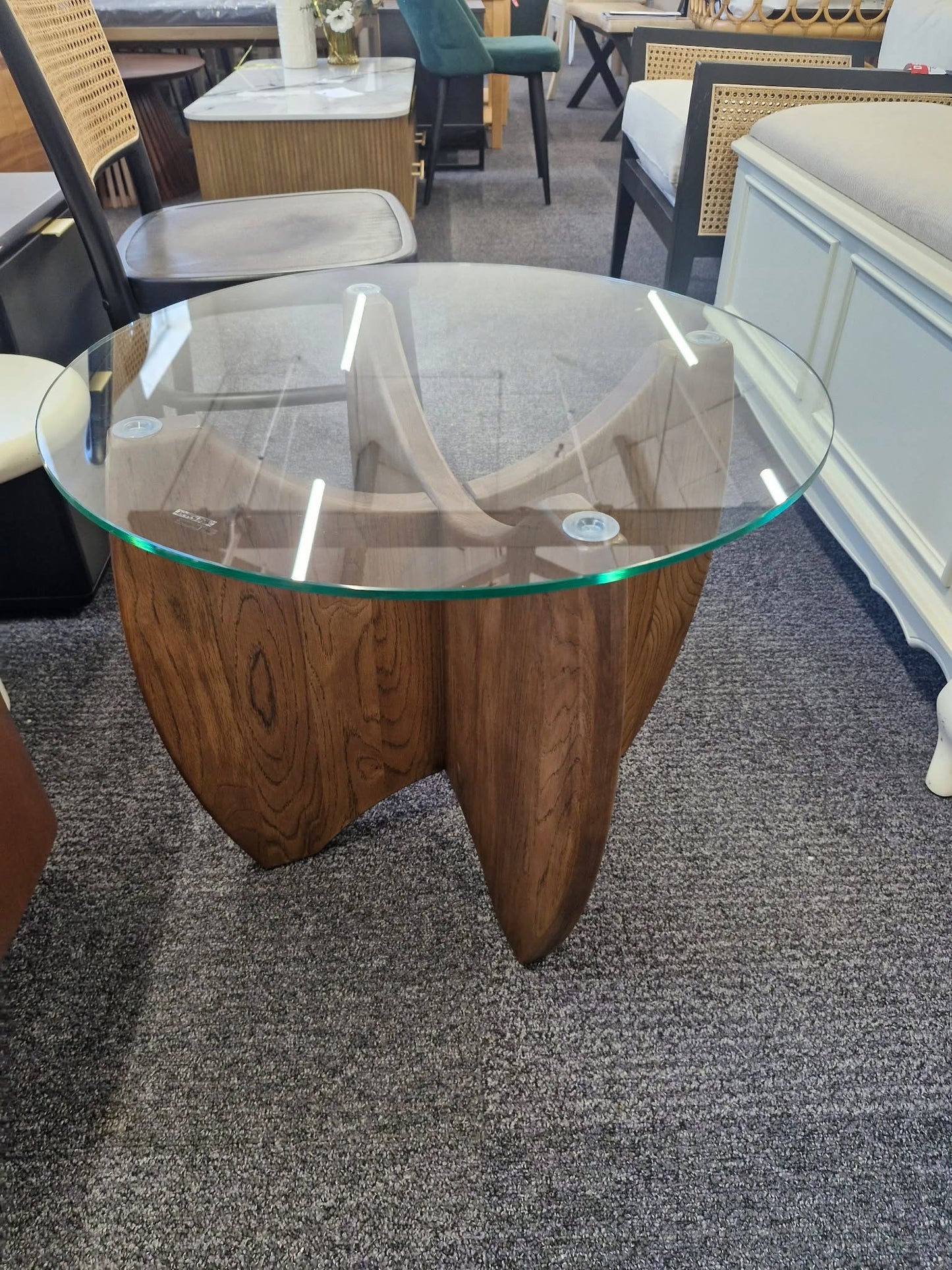 Round Side Table Solid Dark Oak wood and Glass Top