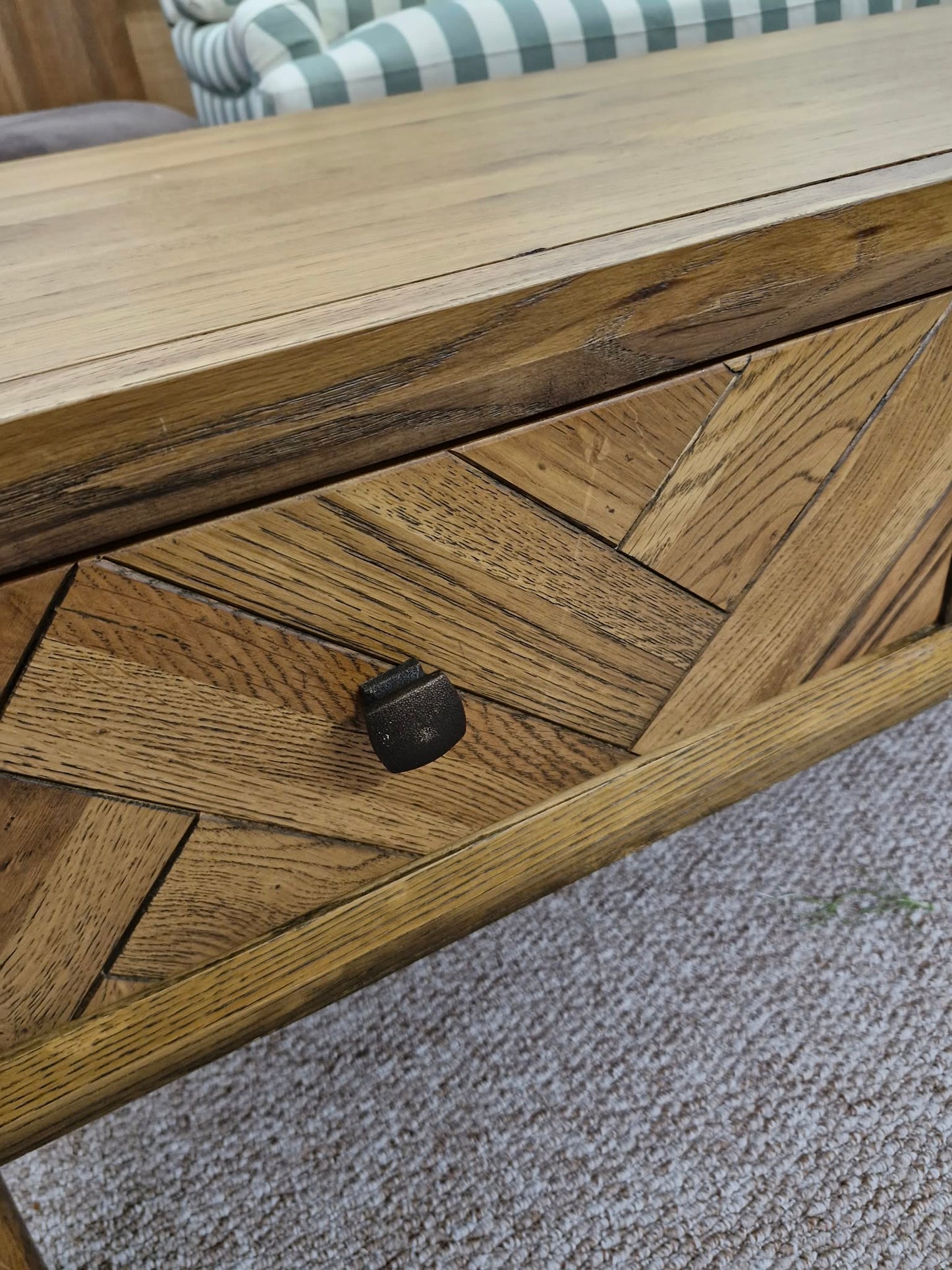 Solid Oak Coffee Table with Drawers and Shelf / Parquet Front
