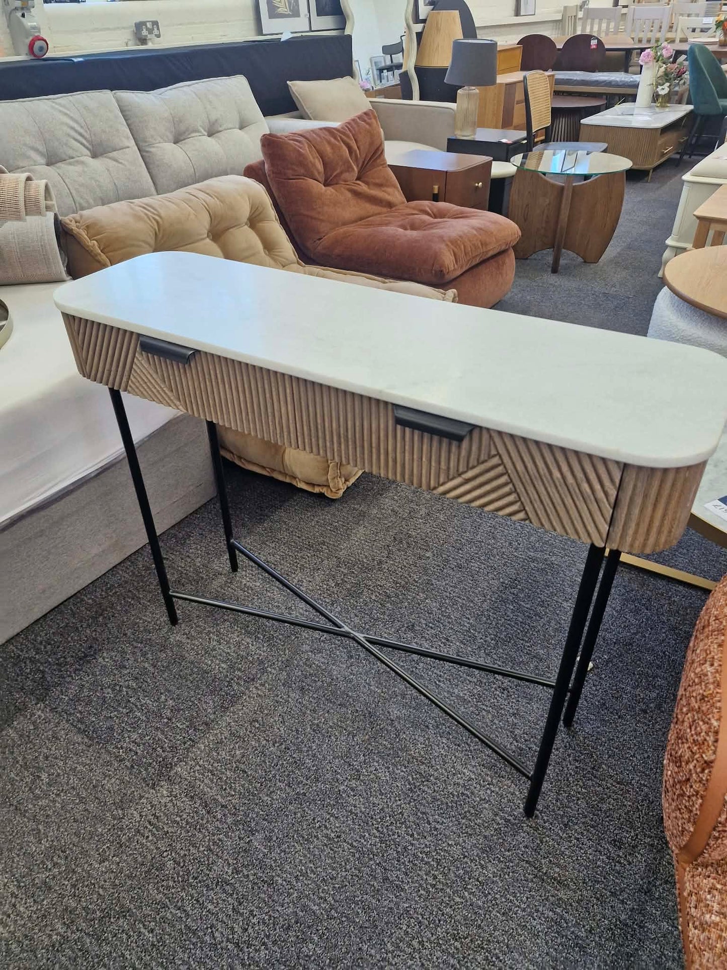 Solid Oak and White Marble Console Table with Drawers
