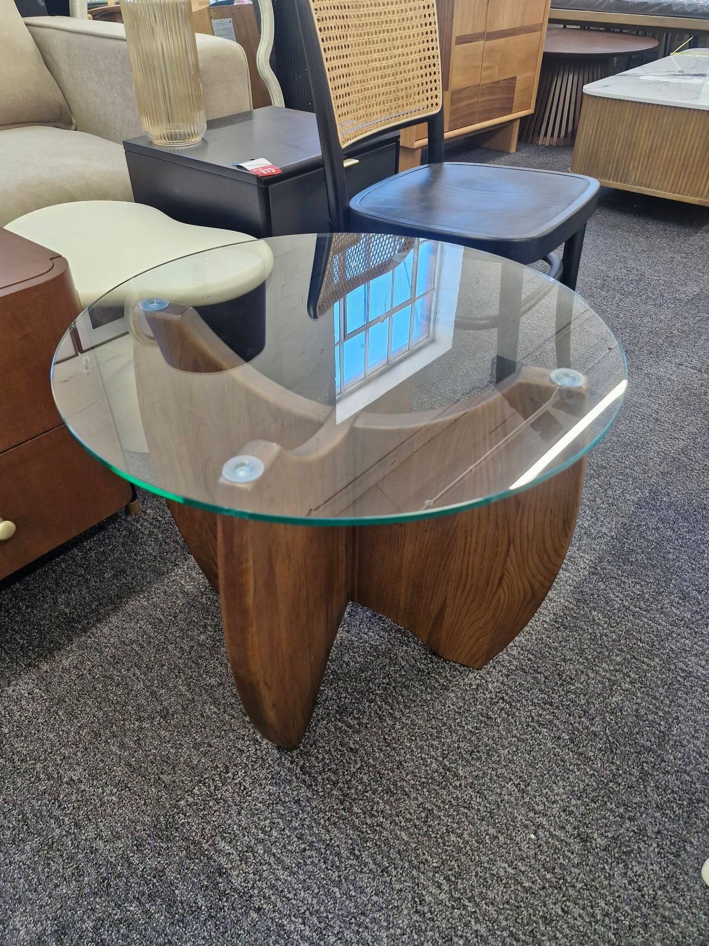 Round Side Table Solid Dark Oak wood and Glass Top
