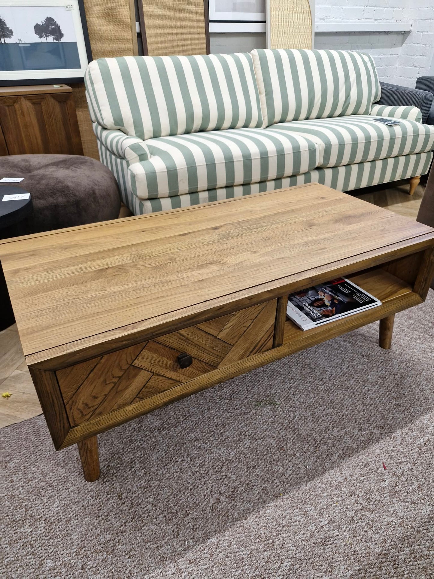 Solid Oak Coffee Table with Drawers and Shelf / Parquet Front