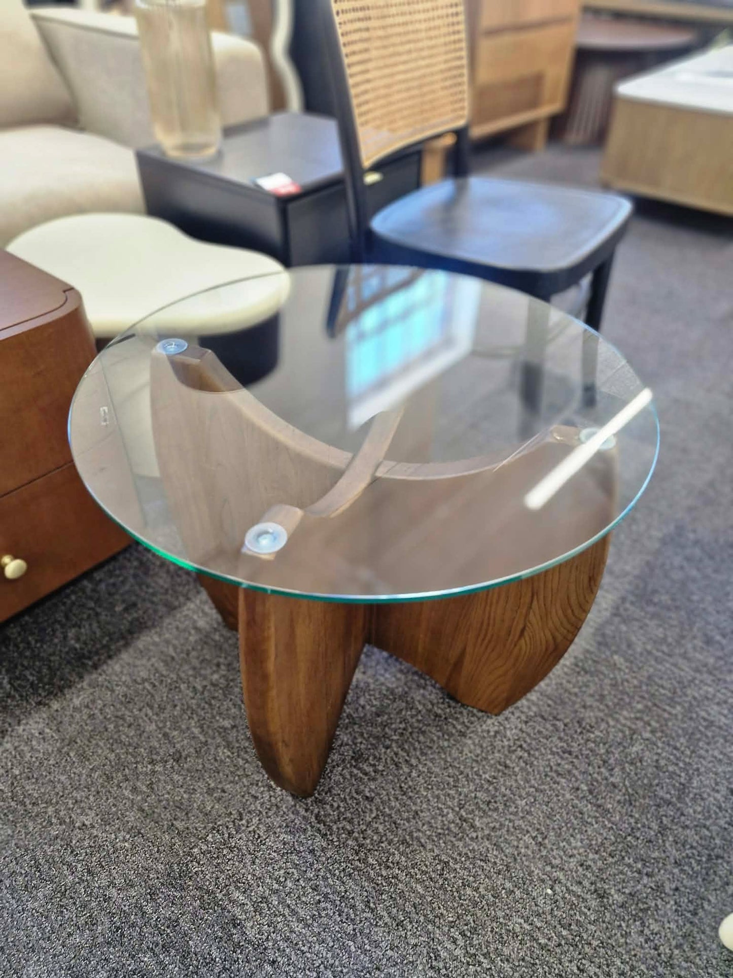 Round Side Table Solid Dark Oak wood and Glass Top