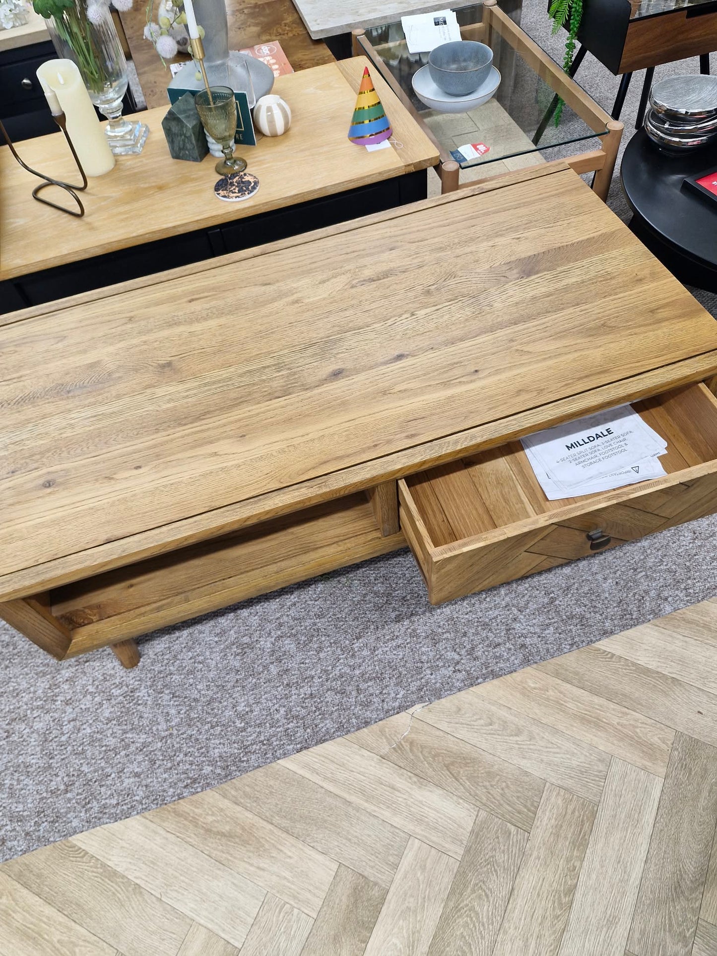 Solid Oak Coffee Table with Drawers and Shelf / Parquet Front