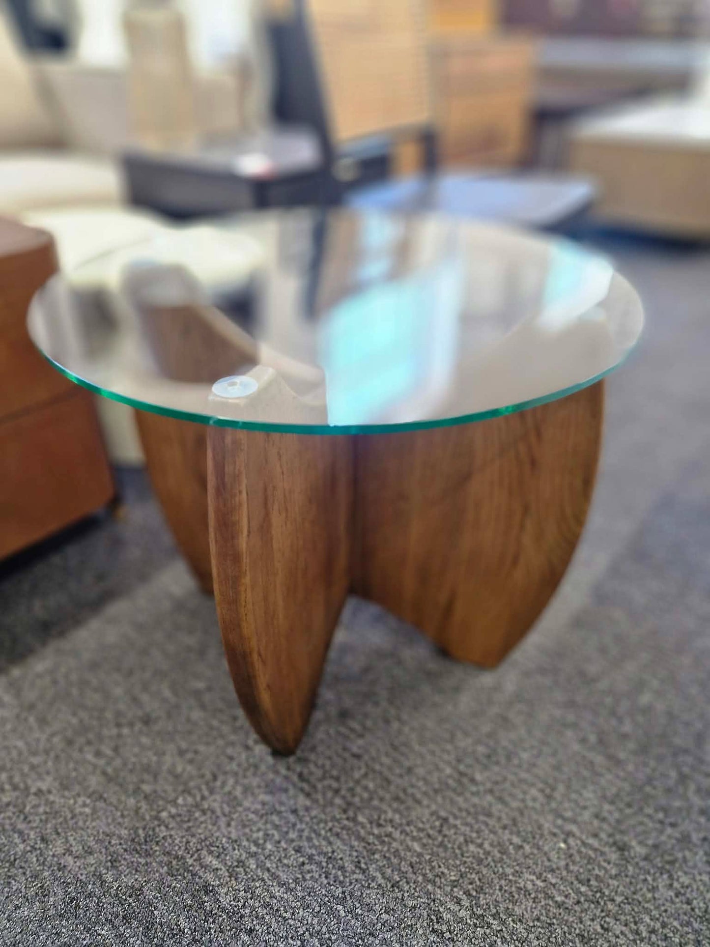 Round Side Table Solid Dark Oak wood and Glass Top