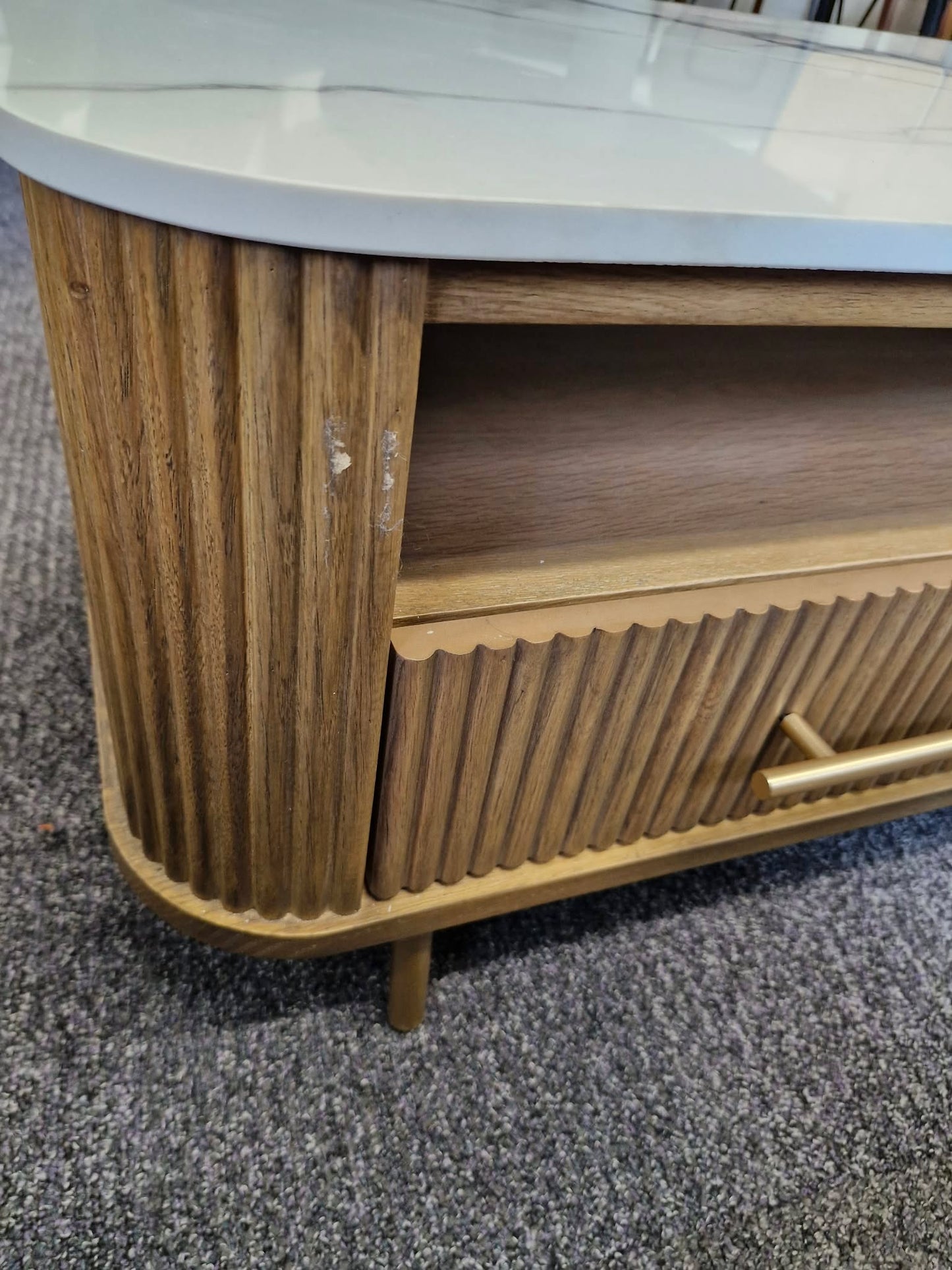 Solid wood ribbed coffee table with drawers and white marble top