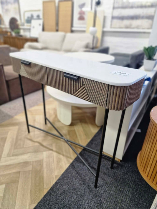 Solid Oak and White Marble Console Table with Drawers