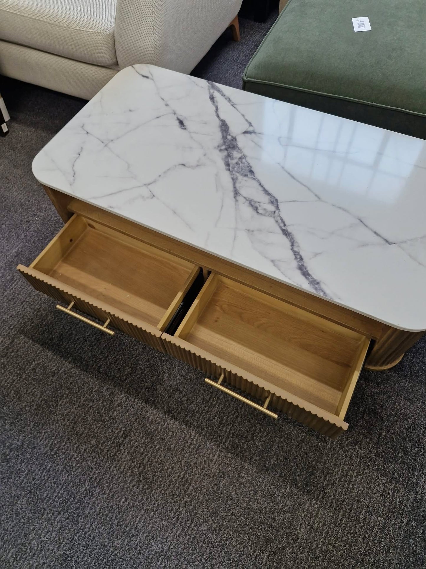 Solid wood ribbed coffee table with drawers and white marble top