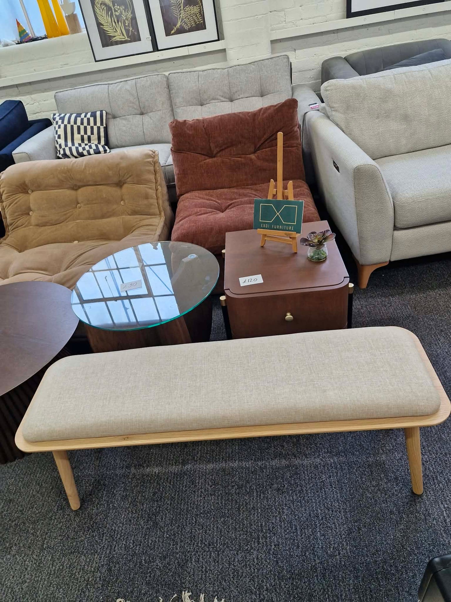 Oak and Linen Seat Bench / Dining bench, hallway bench, end of bed bench