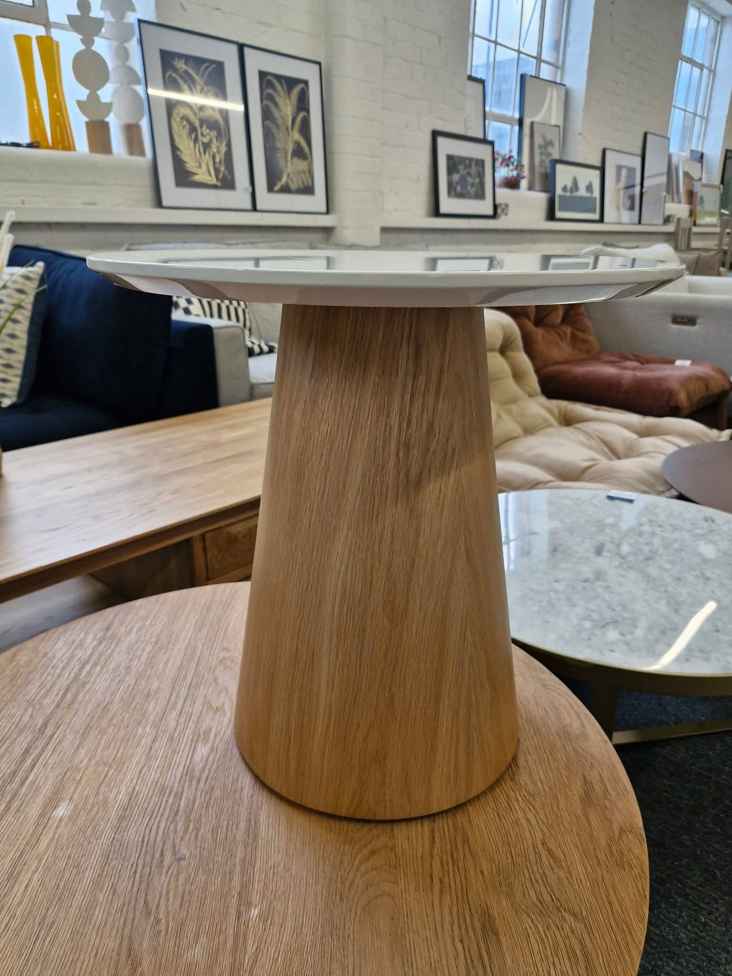 Small Round Gloss White and Oak Base Side Table