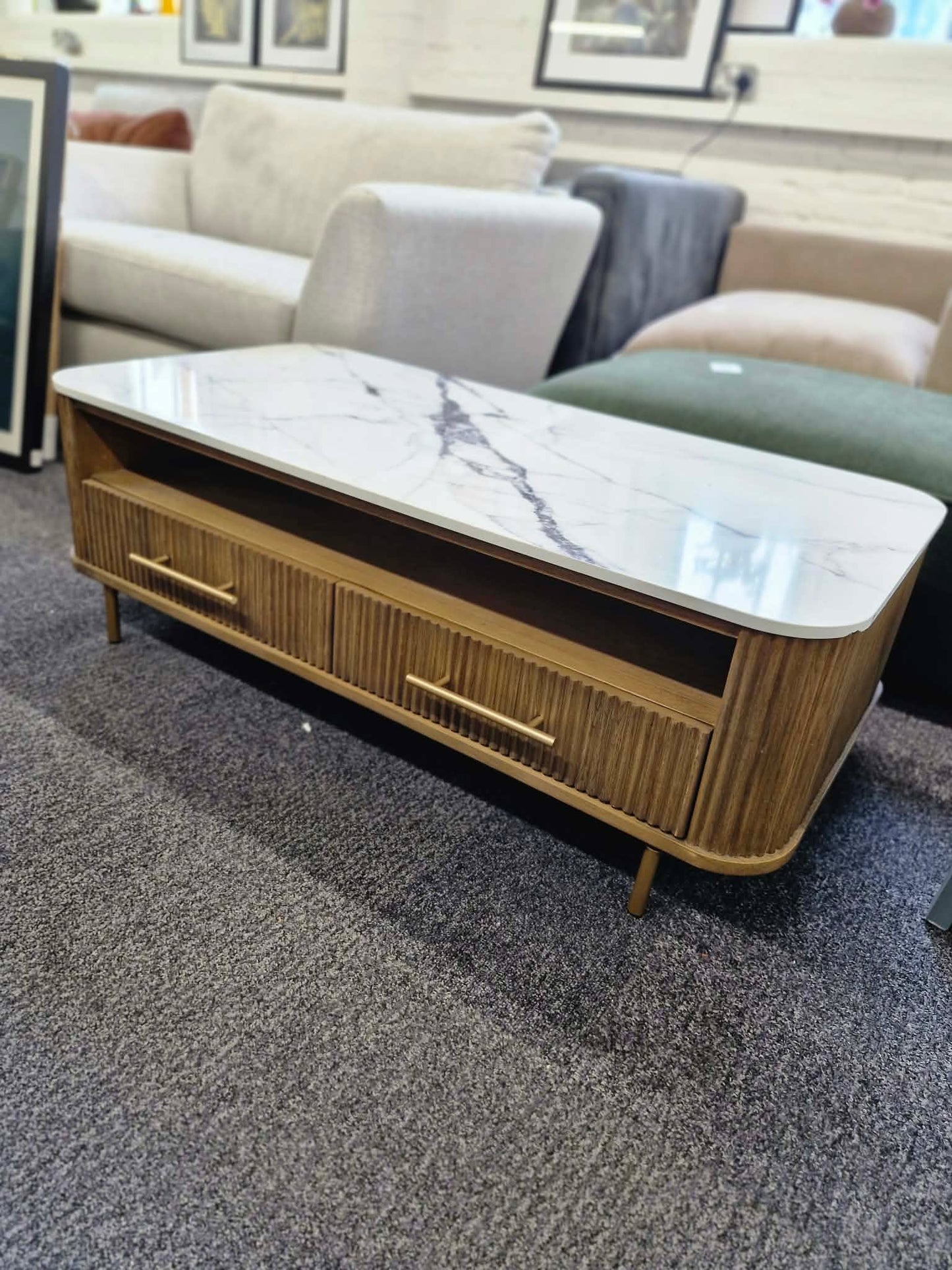 Solid wood ribbed coffee table with drawers and white marble top