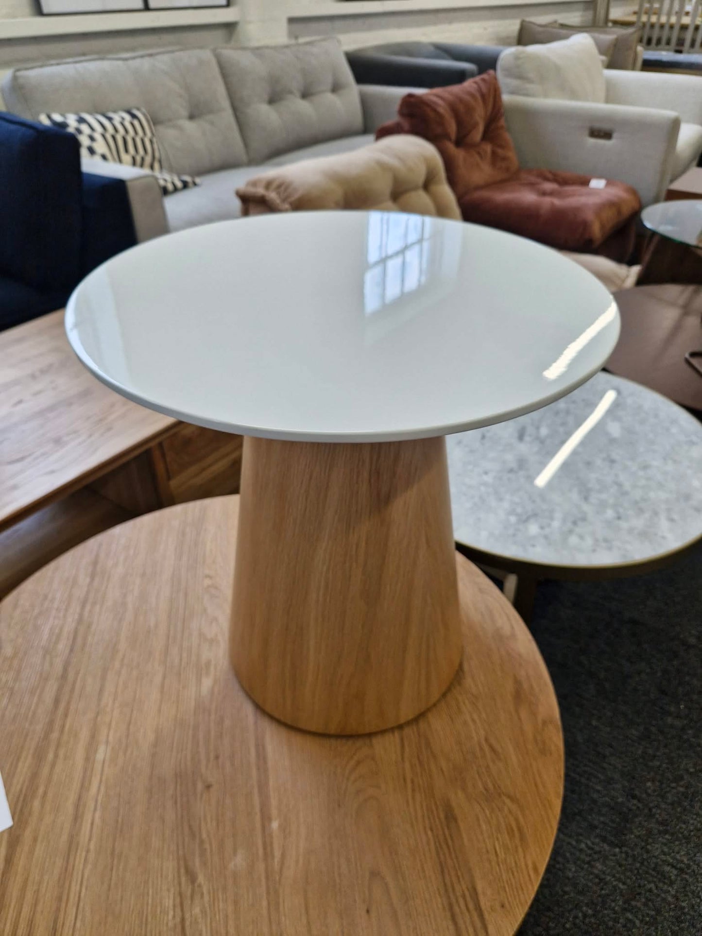 Small Round Gloss White and Oak Base Side Table