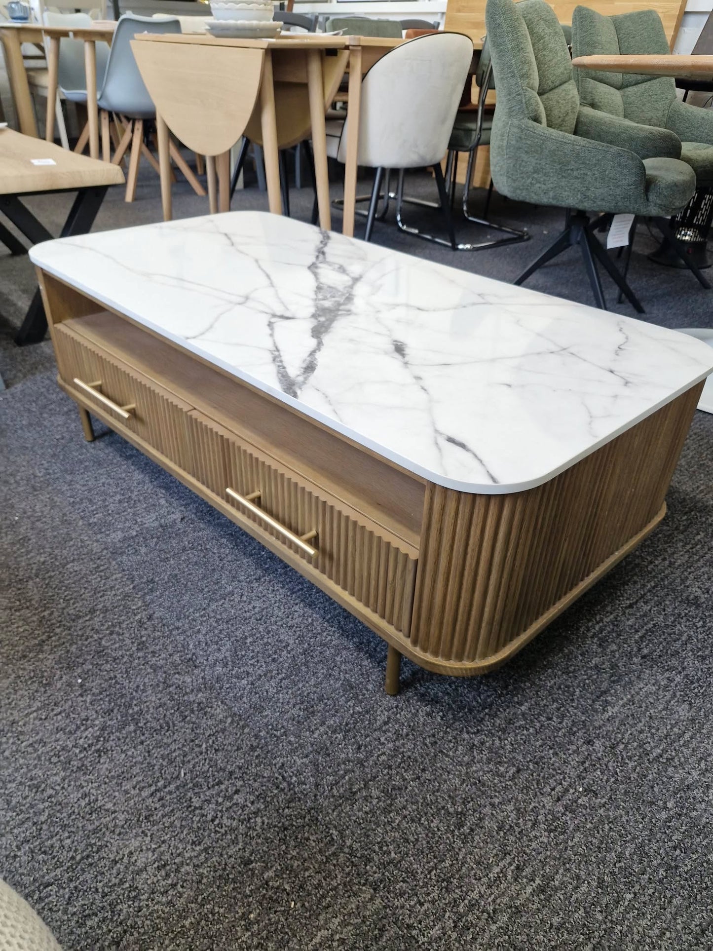 Solid wood ribbed coffee table with drawers and white marble top