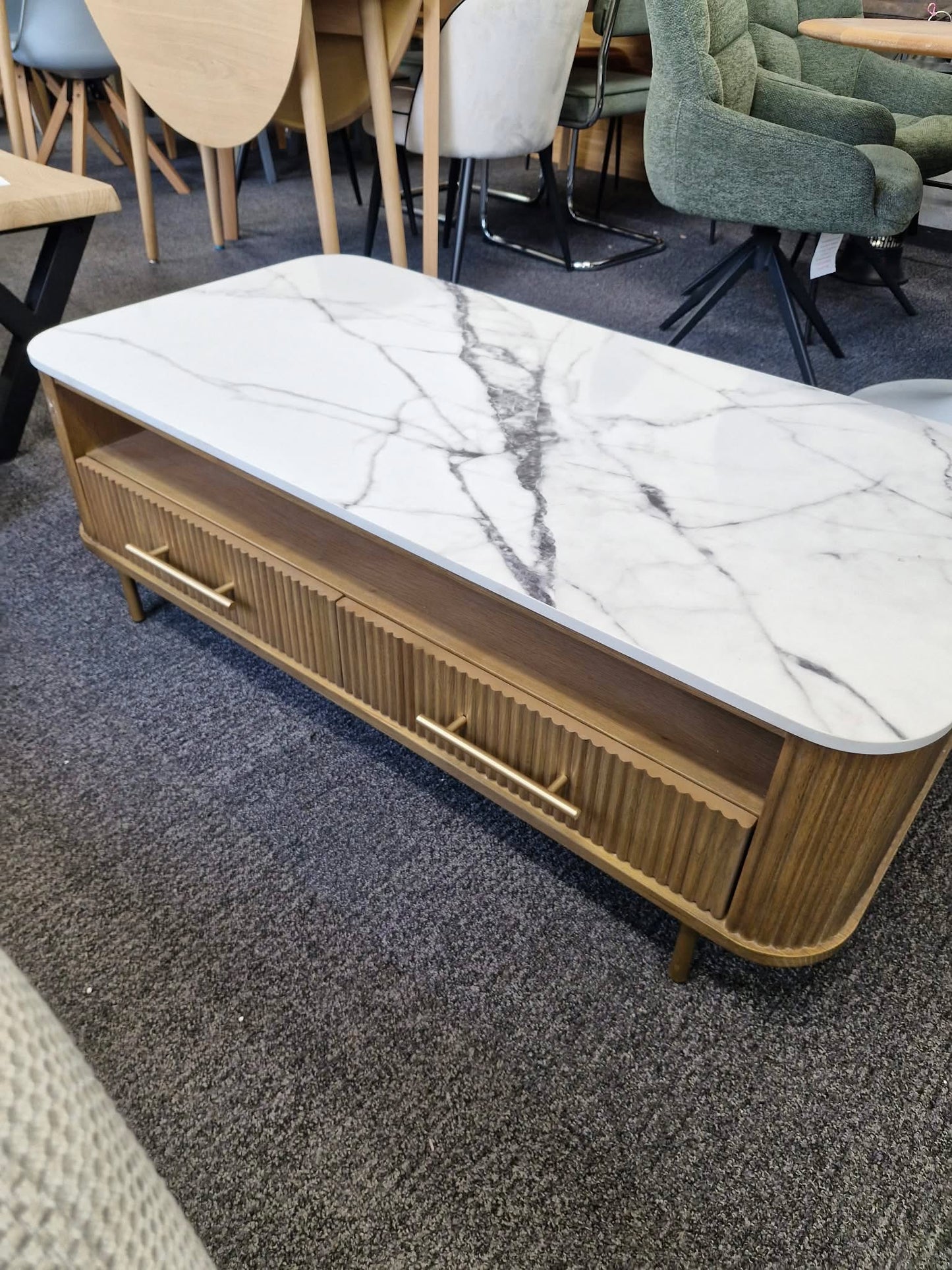 Solid wood ribbed coffee table with drawers and white marble top