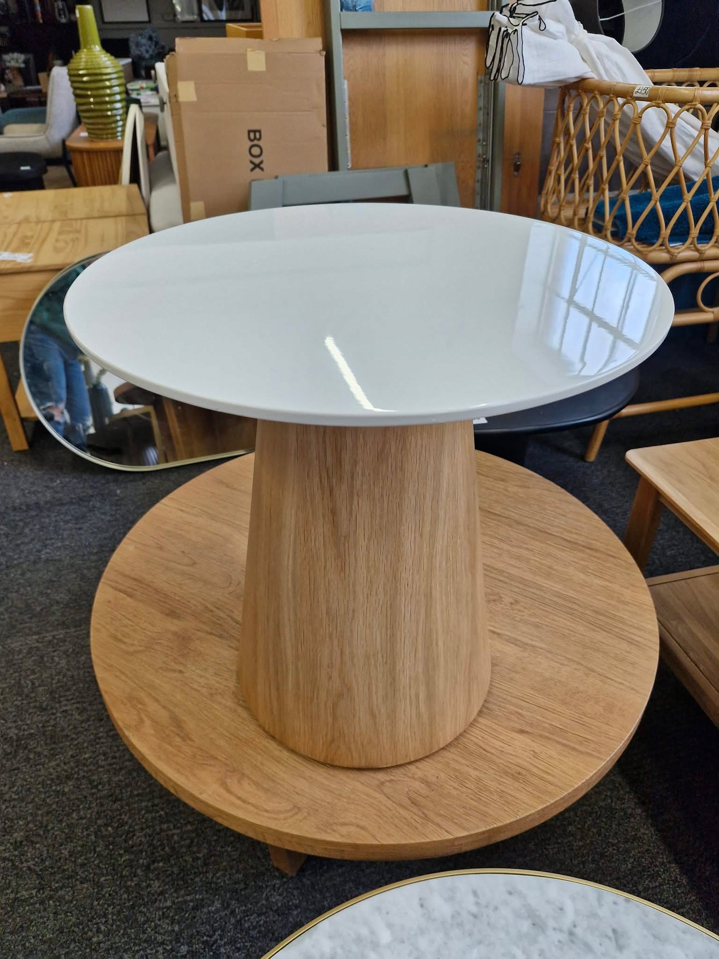 Small Round Gloss White and Oak Base Side Table