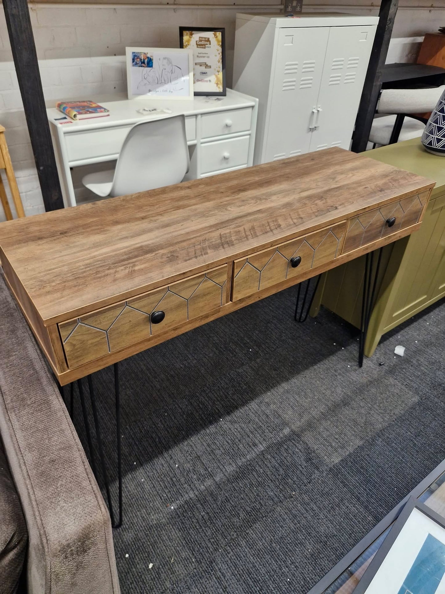 Wide Desk / 3 Drawer Console Table Dark Wood and Black