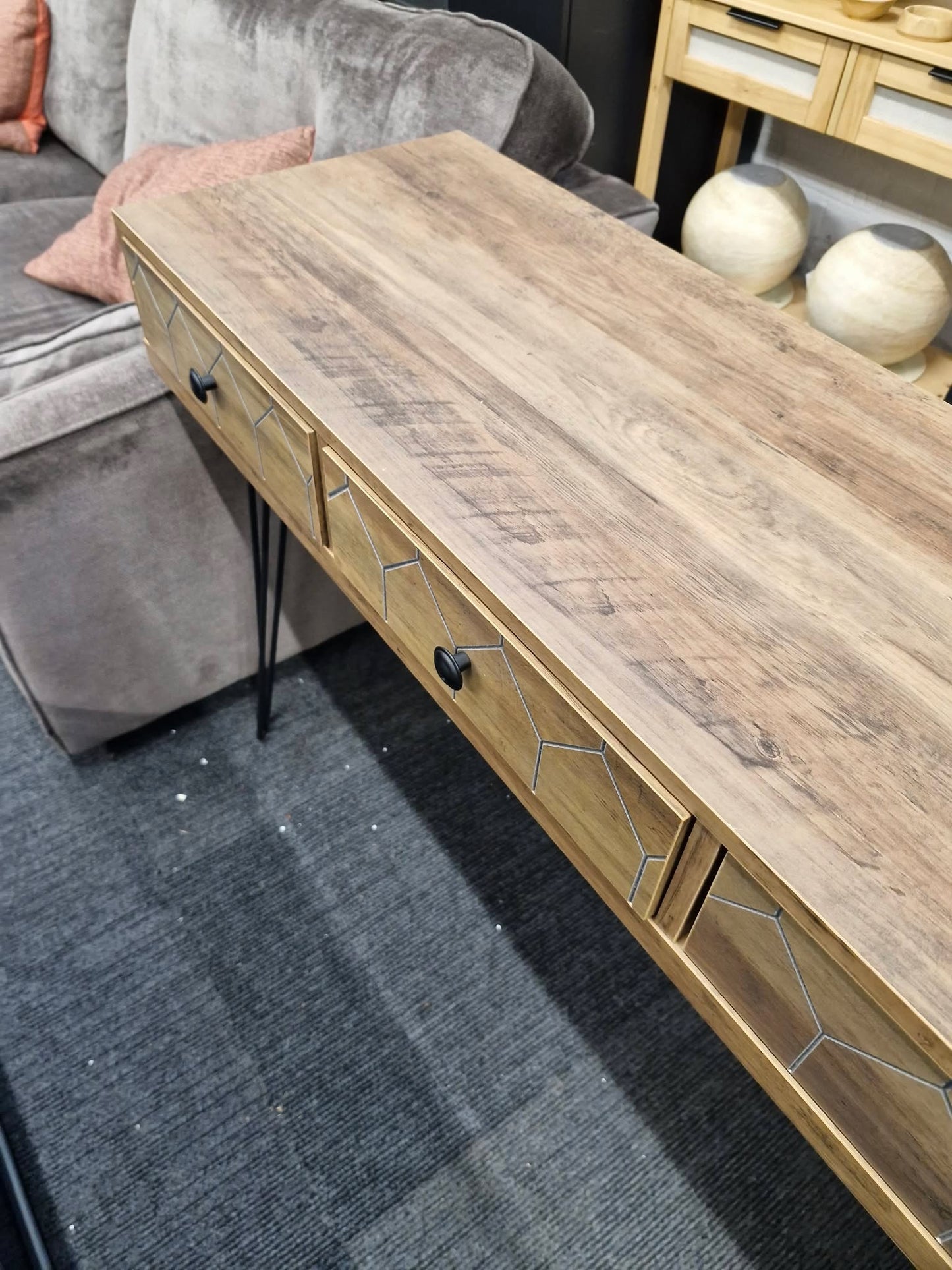 Wide Desk / 3 Drawer Console Table Dark Wood and Black
