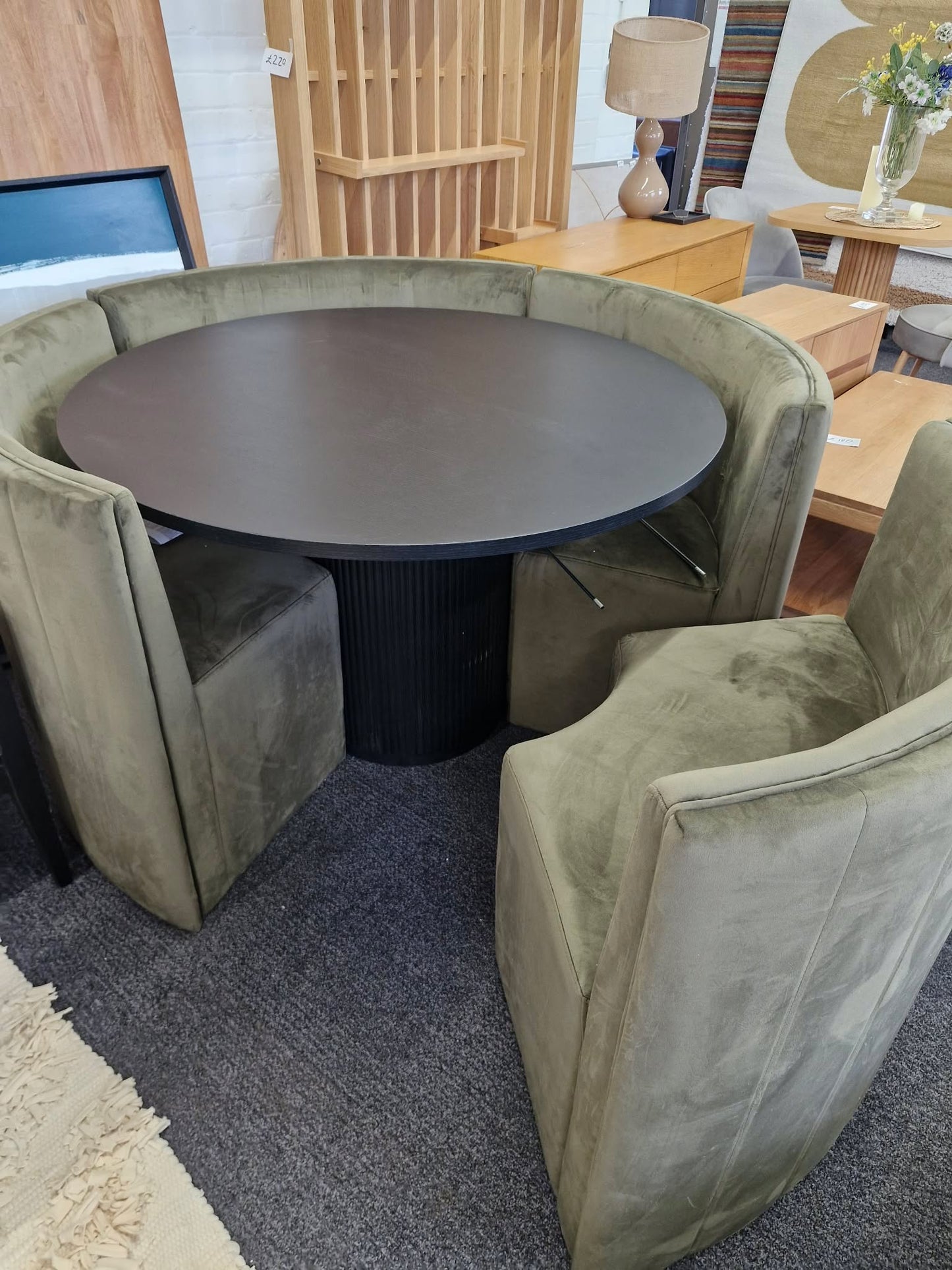 Round Dining Set- Black Ribbed Base Base Dining Table and 4 Olive Green Velvet Chairs / Curved Round Bench