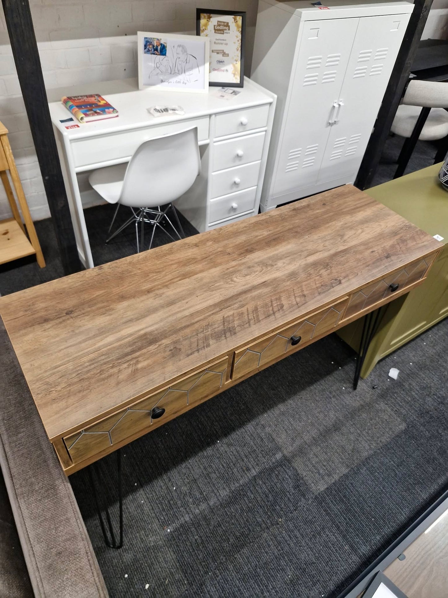 Wide Desk / 3 Drawer Console Table Dark Wood and Black