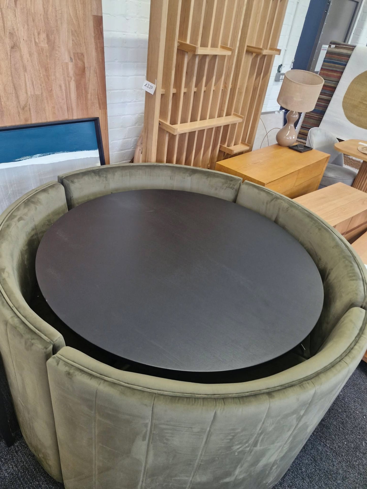 Round Dining Set- Black Ribbed Base Base Dining Table and 4 Olive Green Velvet Chairs / Curved Round Bench