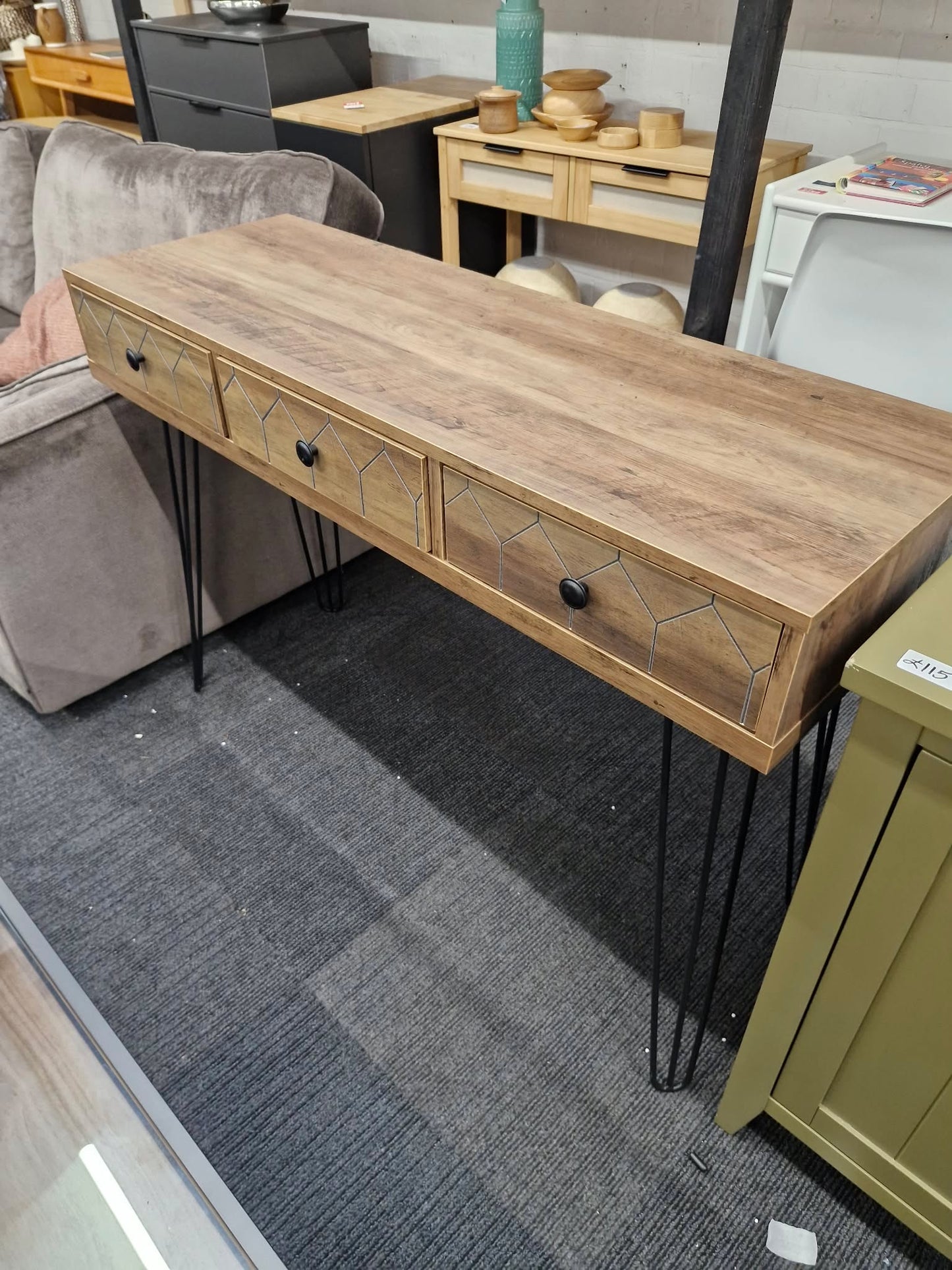 Wide Desk / 3 Drawer Console Table Dark Wood and Black