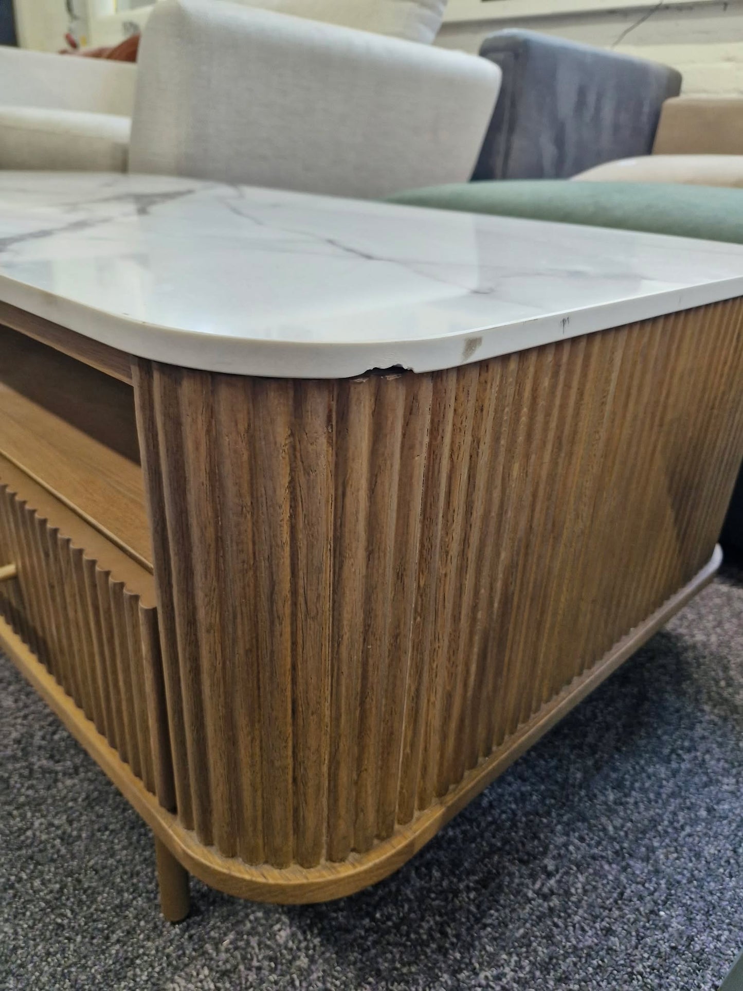 Solid wood ribbed coffee table with drawers and white marble top
