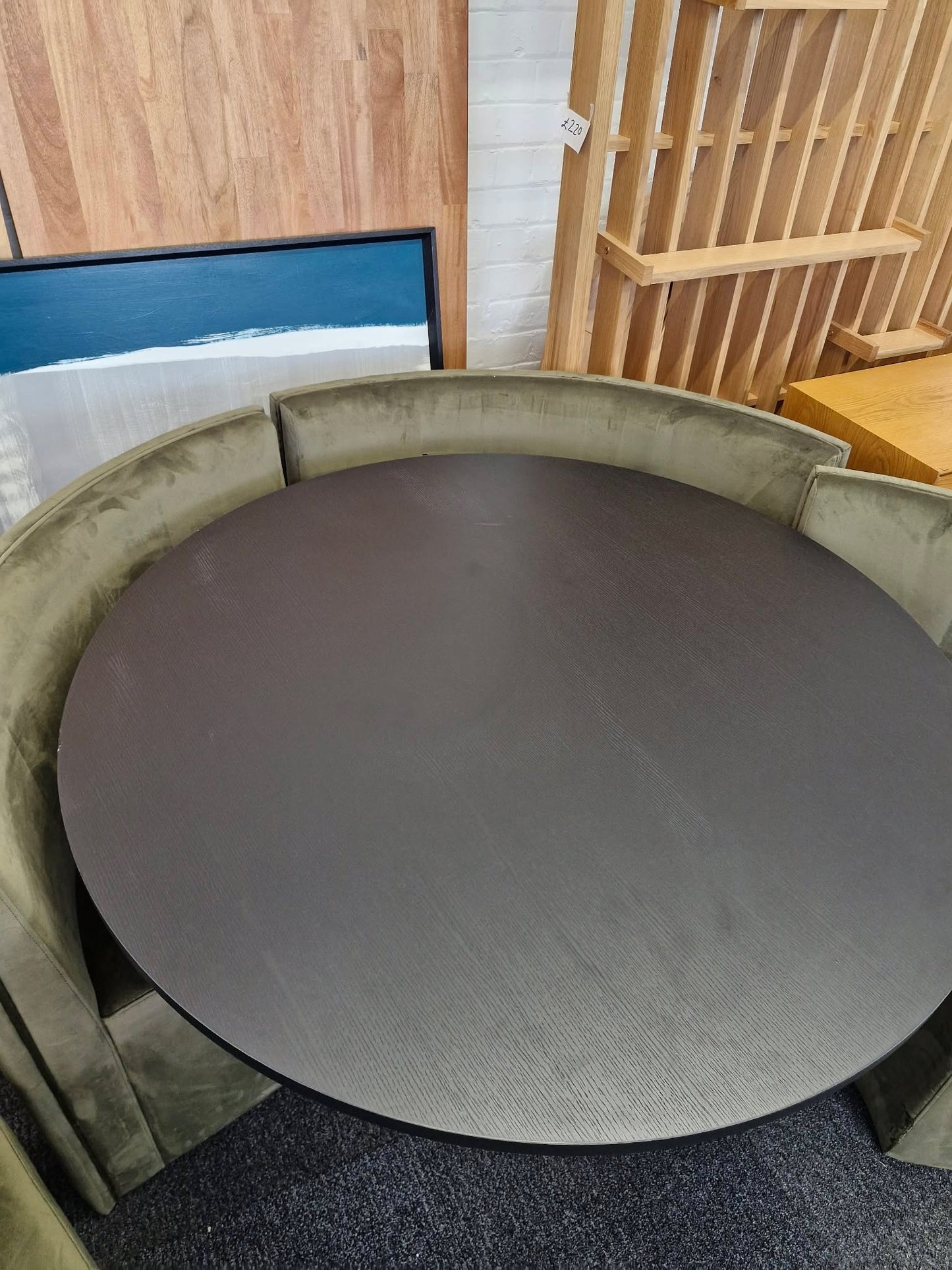 Round Dining Set- Black Ribbed Base Base Dining Table and 4 Olive Green Velvet Chairs / Curved Round Bench