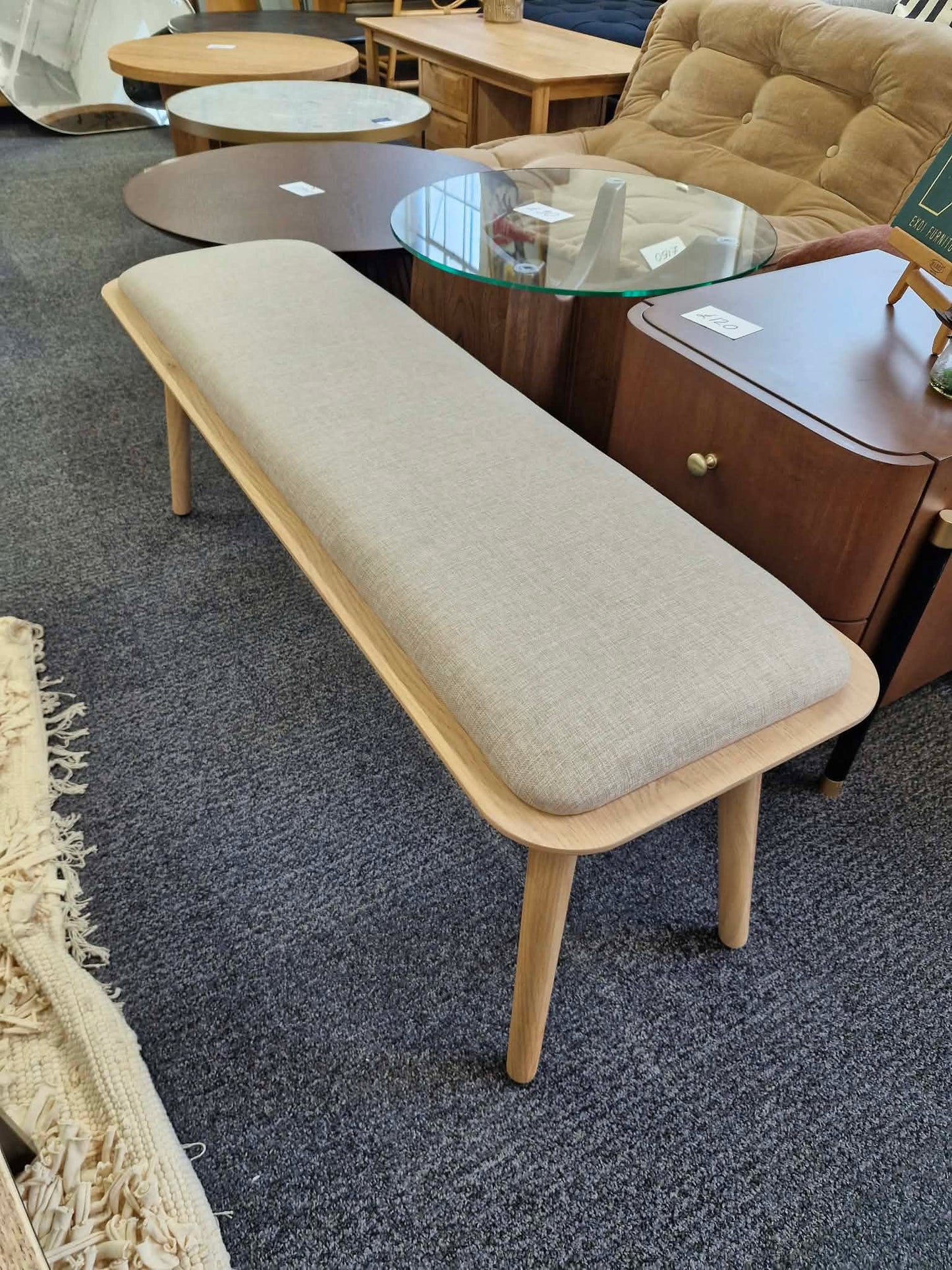 Oak and Linen Seat Bench / Dining bench, hallway bench, end of bed bench