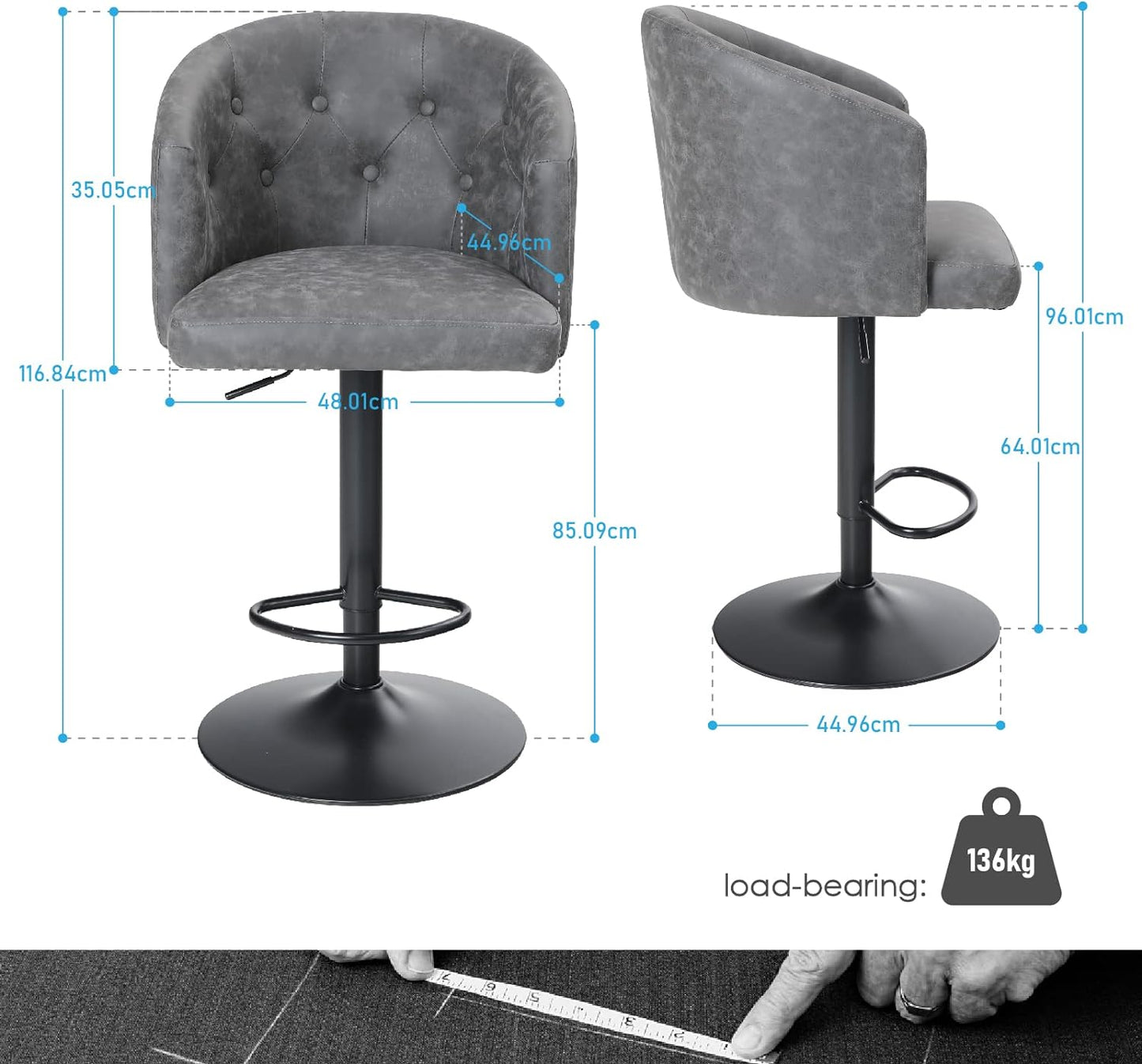 Height Adjustable Rotating Bar Stool / Grey faux Leather and Black