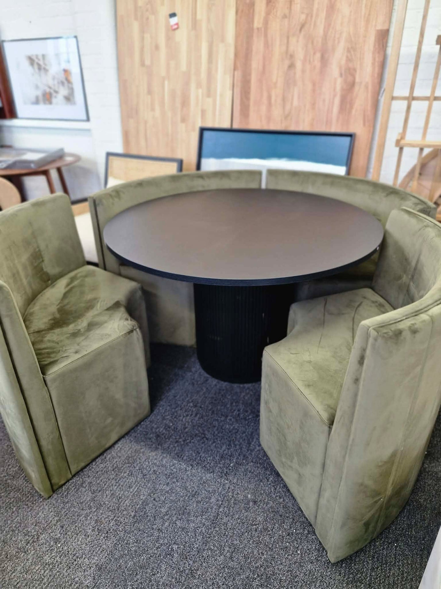 Round Dining Set- Black Ribbed Base Base Dining Table and 4 Olive Green Velvet Chairs / Curved Round Bench