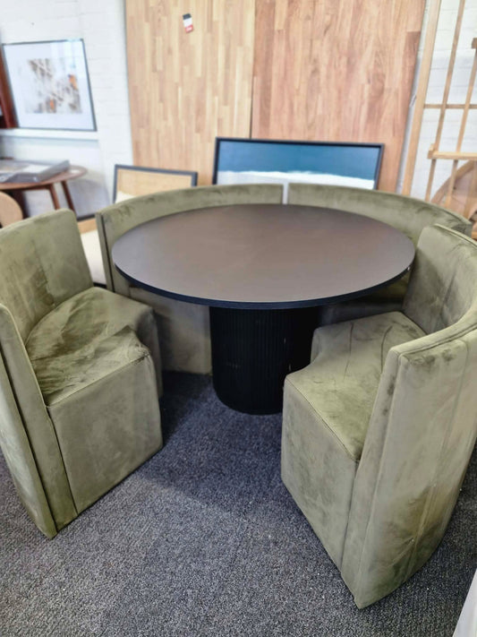 Round Dining Set- Black Ribbed Base Base Dining Table and 4 Olive Green Velvet Chairs / Curved Round Bench