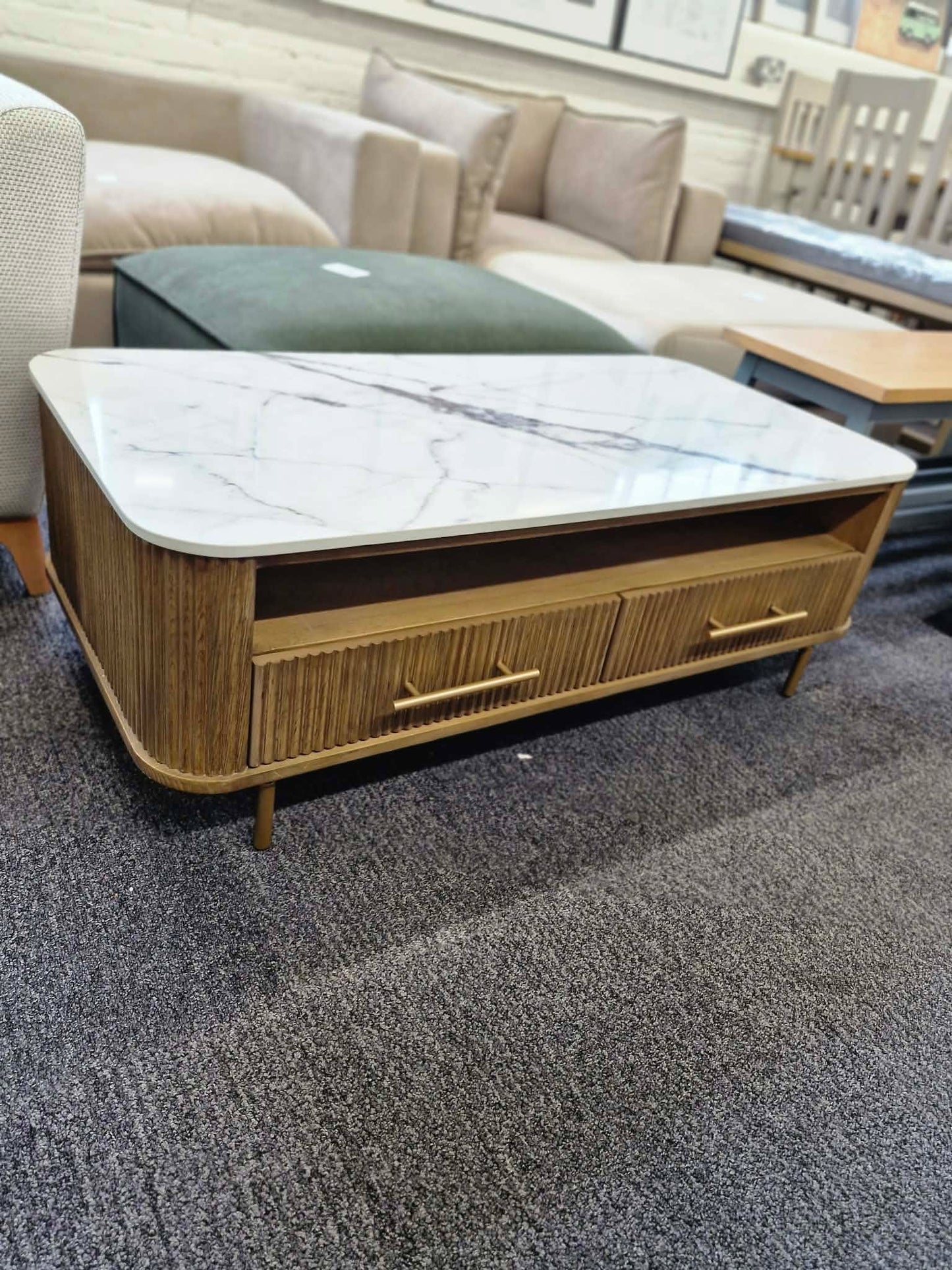 Solid wood ribbed coffee table with drawers and white marble top