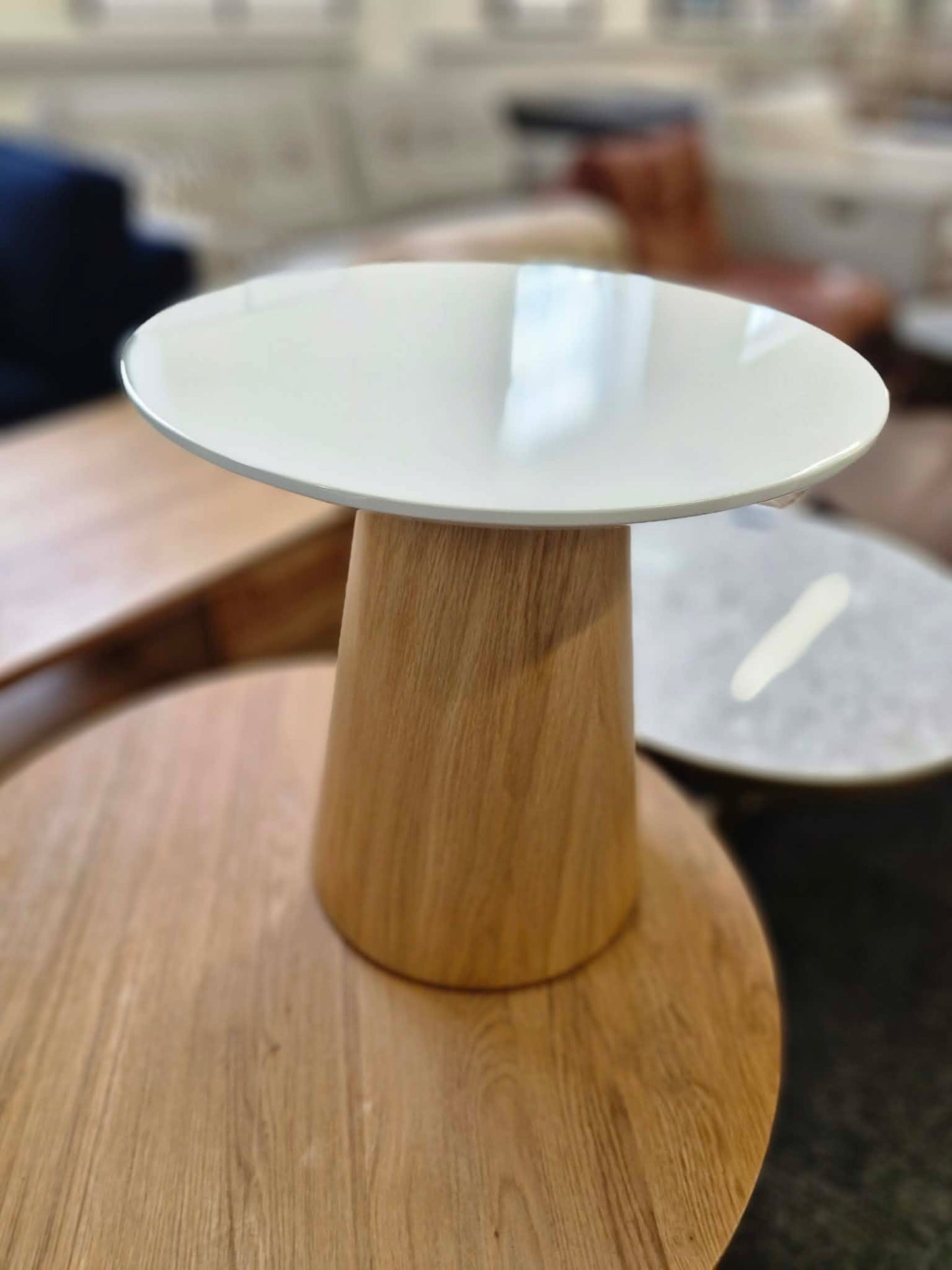 Small Round Gloss White and Oak Base Side Table