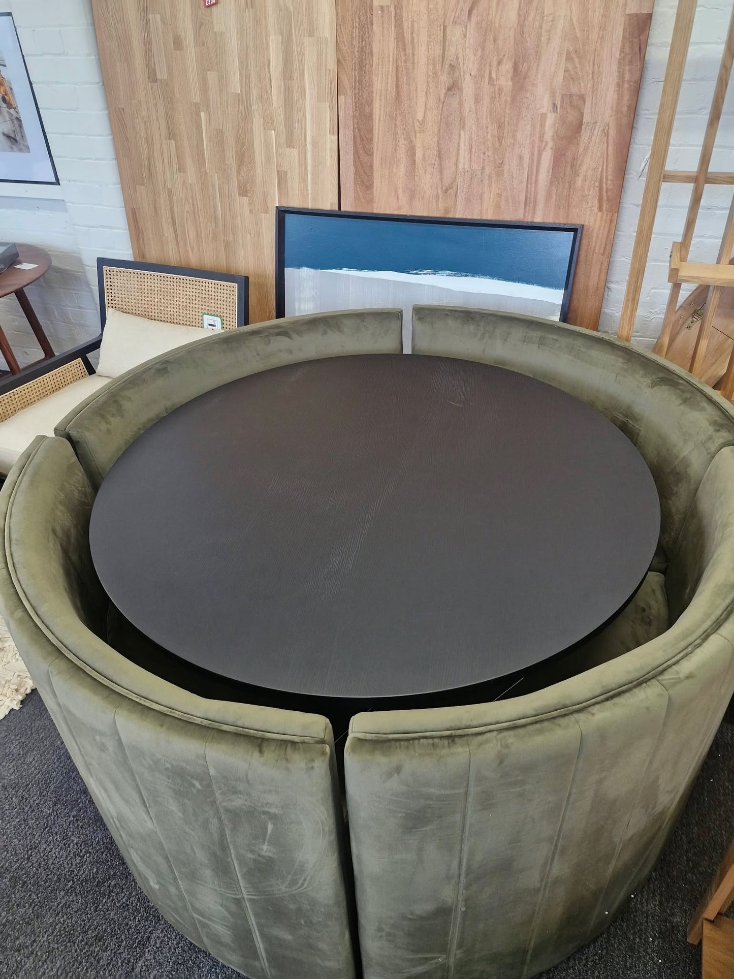 Round Dining Set- Black Ribbed Base Base Dining Table and 4 Olive Green Velvet Chairs / Curved Round Bench