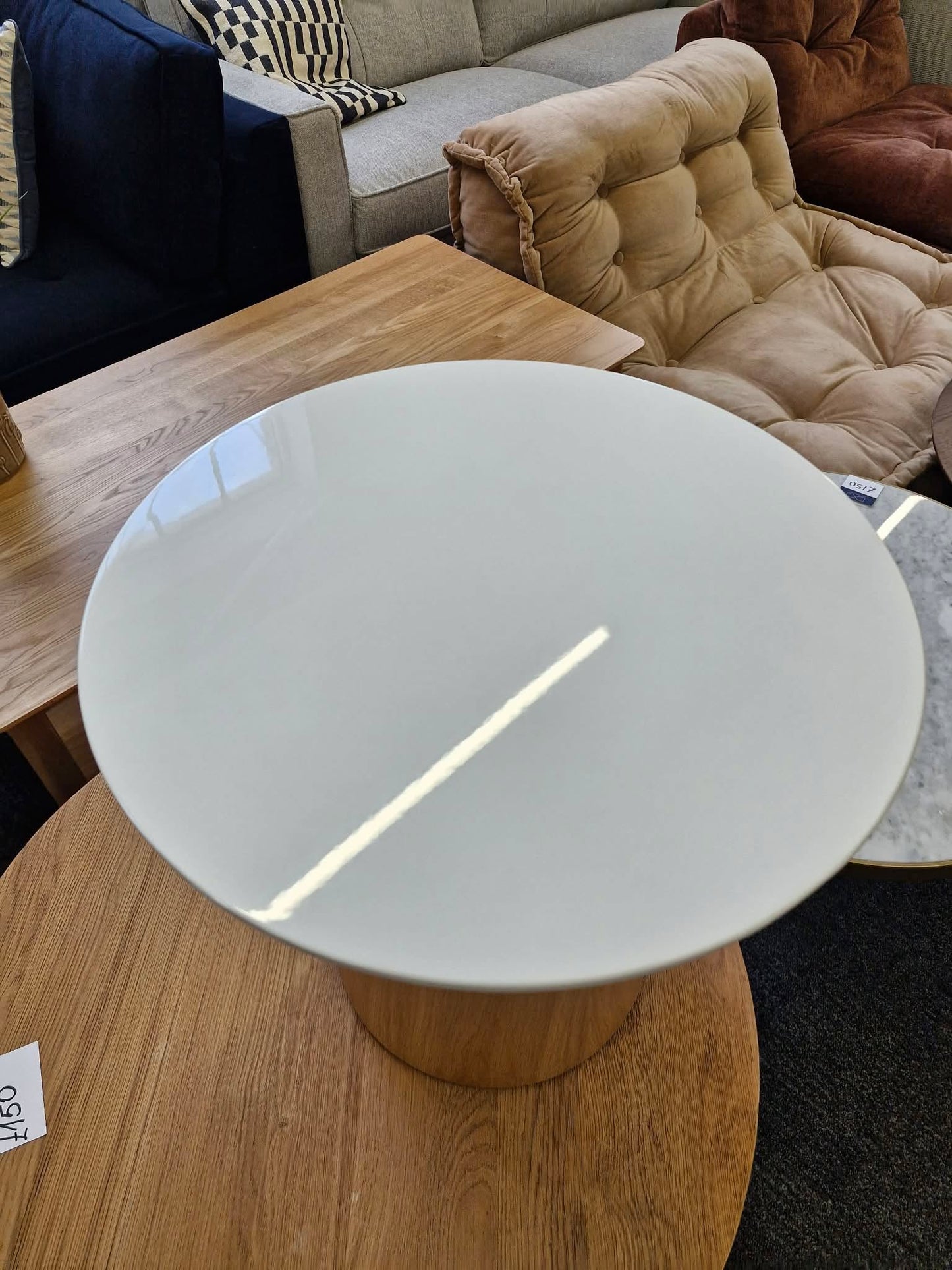 Small Round Gloss White and Oak Base Side Table