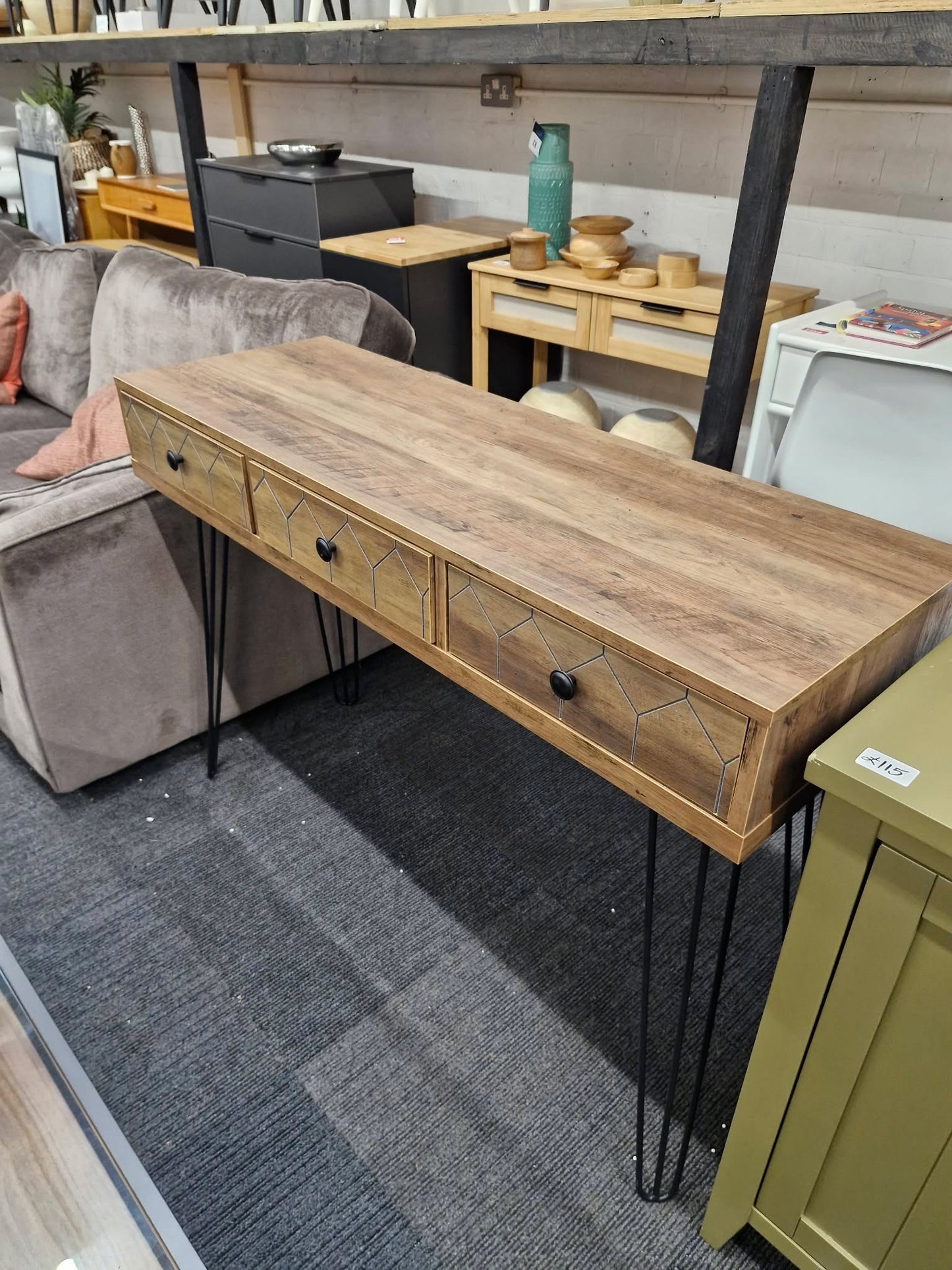 Wide Desk / 3 Drawer Console Table Dark Wood and Black