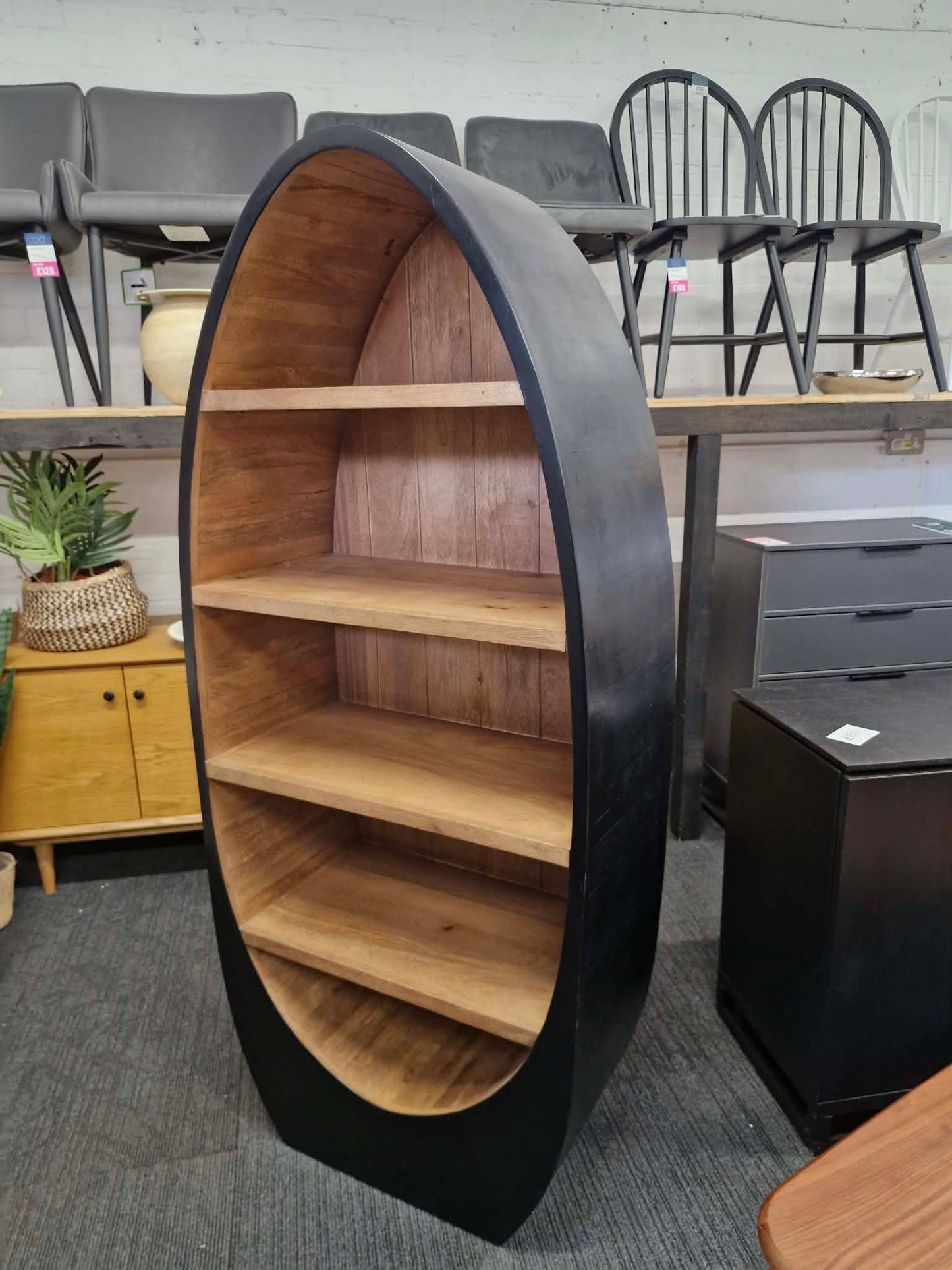 Solid Mango Wood Oval Bookshelf with Black Frame